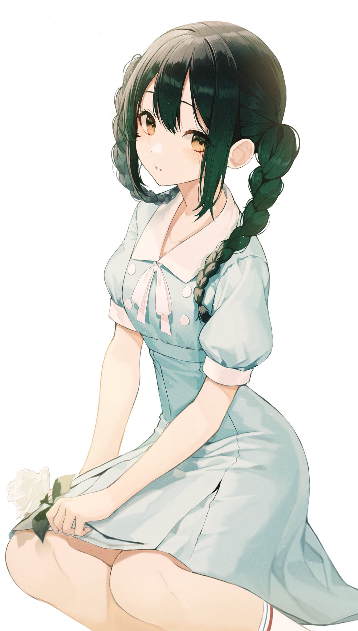 1girls, azusa nakano (k-on!), black hair, braid, braided hair, braided twintails, braids, brown eyes, dress, female, flower, high resolution, holding flower, human, human only, k-on!, laying down, legs, light skin, light-skinned female, long hair, looking at viewer, pro-p, puffy sleeves, short sleeves, sitting, sitting down, socks, white background