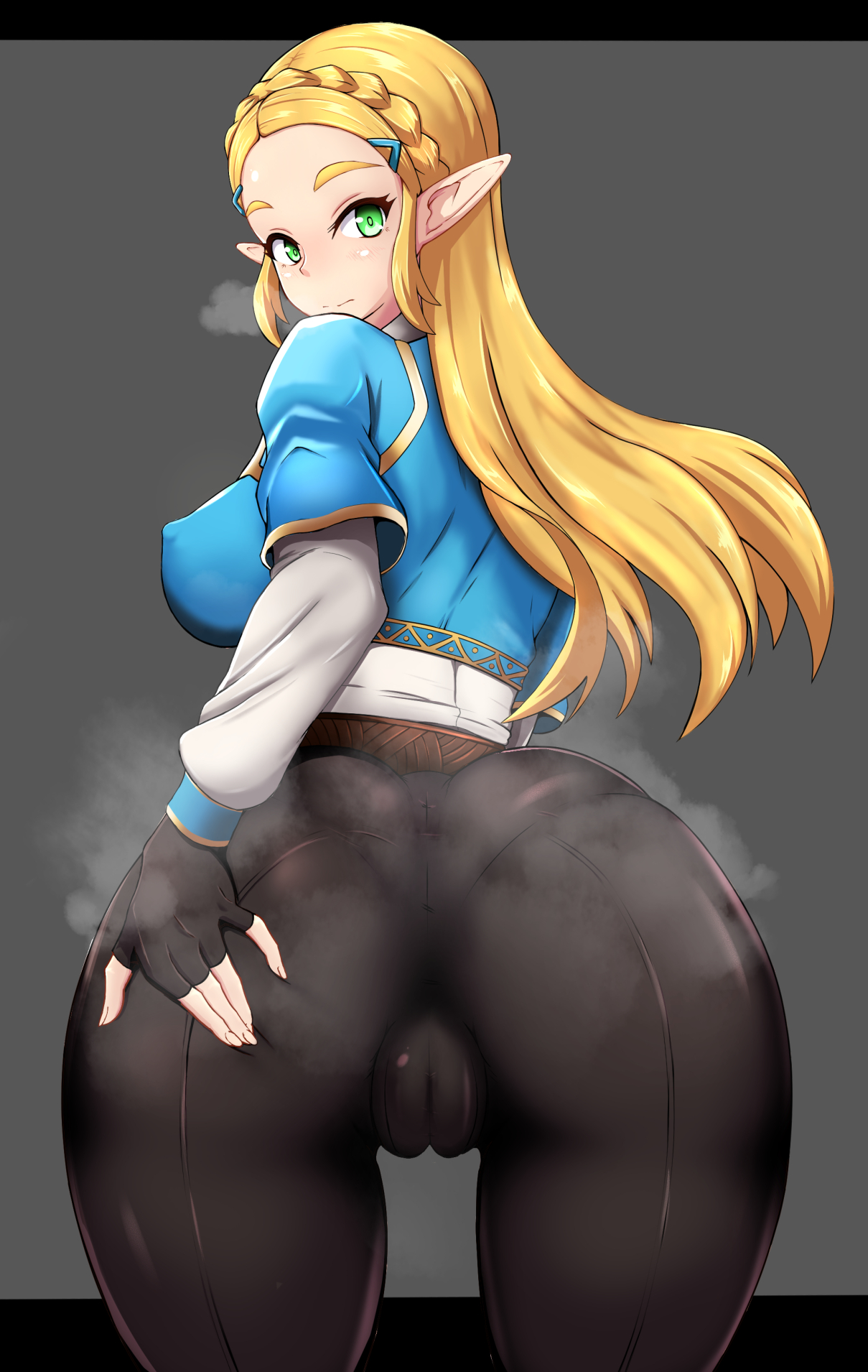 ass, big ass, big breasts, blonde hair, breasts, breath of the wild, exposed pussy, fat mons, female, female only, green eyes, long hair, nintendo, nipples, nipples visible through clothing, pantylines, princess zelda, pussy, smile, solo, solo female, solo focus, steam, steamy, steamy ass, the legend of zelda, thick thighs, tight pants, wlcmt, zelda (breath of the wild)