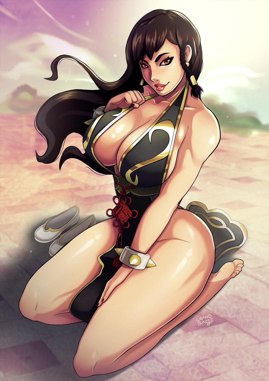 1girls alternate_costume big_breasts brown_hair capcom cheongsam chun-li chun-li_(battle_ouffit_sfv) female female_only grand-sage long_hair mature_female solo solo_female solo_focus street_fighter thick_thighs