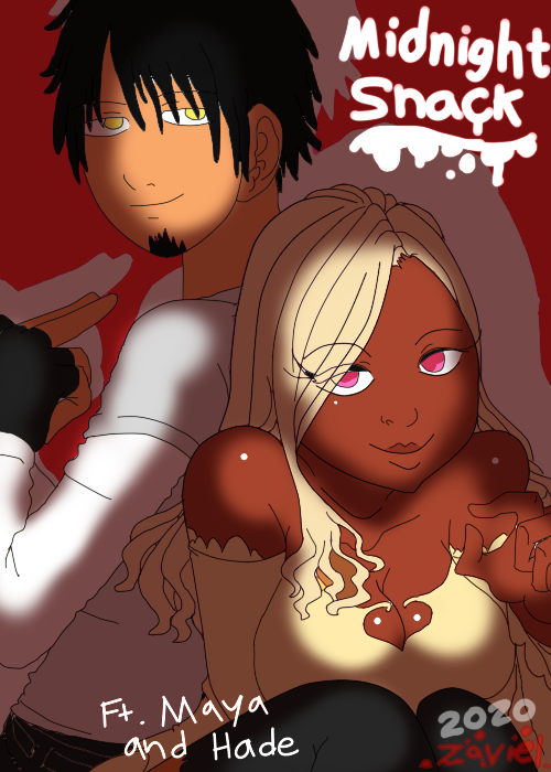 1boy black_hair blonde_hair clothing comic cover_page dark_skin dreadlocks female hade maya pink_eyes smiling suggestive_gesture text yellow_eyes zaviel