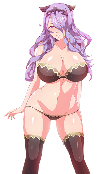 1girls, ass, big breasts, blue-senpai, bra, breasts, camilla (fire emblem), definitelynotblue, female, female only, fire emblem, fire emblem fates, hand on ass, hand on hip, long hair, mature female, midriff, nintendo, nipples, panties, purple eyes, purple hair, revealing clothes, skimpy clothes, solo, solo female, solo focus, thighhighs, thighs