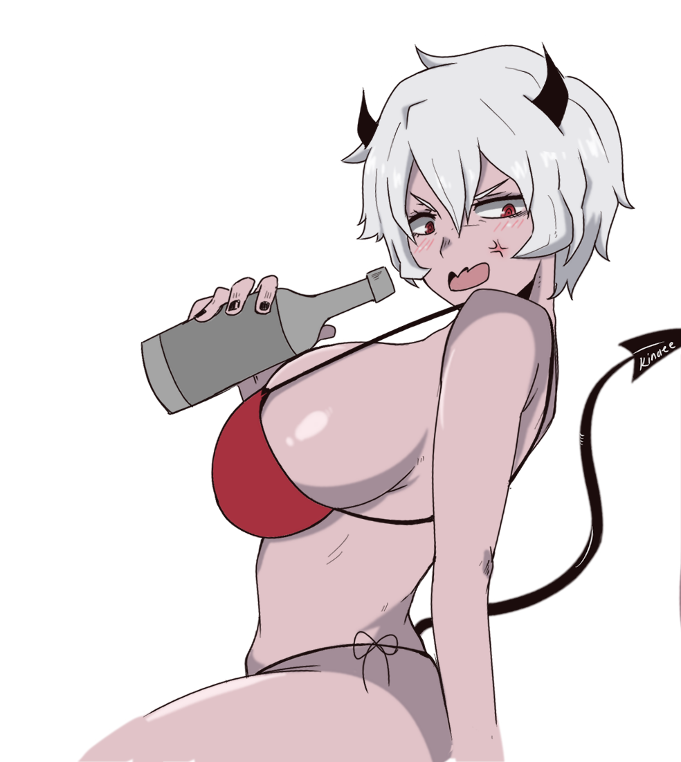 alcohol bikini breasts demon_girl devil devil_tail female from_side helltaker horns kinaee large_breasts malina_(helltaker) open_mouth red_eyes short_hair sideboob solo swimsuit tail tomboy white_background white_hair