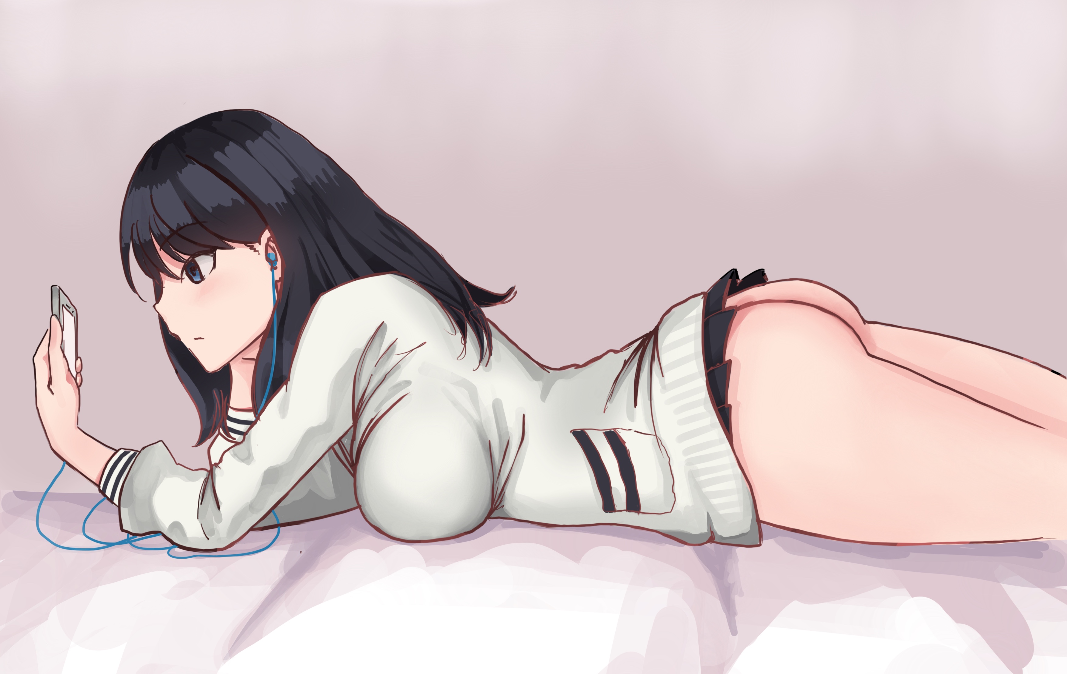 1girls, 2018, ass, black hair, blue eyes, breasts, cellphone, clothed, devilukez, earbuds, female, jacket, long hair, lying, no panties, on bed, on stomach, sideboob, skirt, solo, ssss.gridman, takarada rikka, watching, white background, white skin