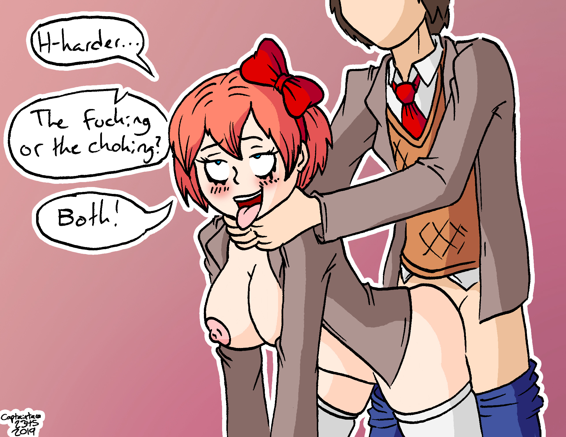 1boy, 2019, blue eyes, blush, bow, breasts, captaintaco2345, choking, doki doki literature club, eyebrows visible through hair, faceless male, female, hairbow, male, masochism, mc (doki doki literature club!), nipples, open clothes, pants down, pink nipples, red bow, sayori (doki doki literature club), school uniform, schoolboy, schoolgirl, sex, straight, submissive female, tongue, tongue out