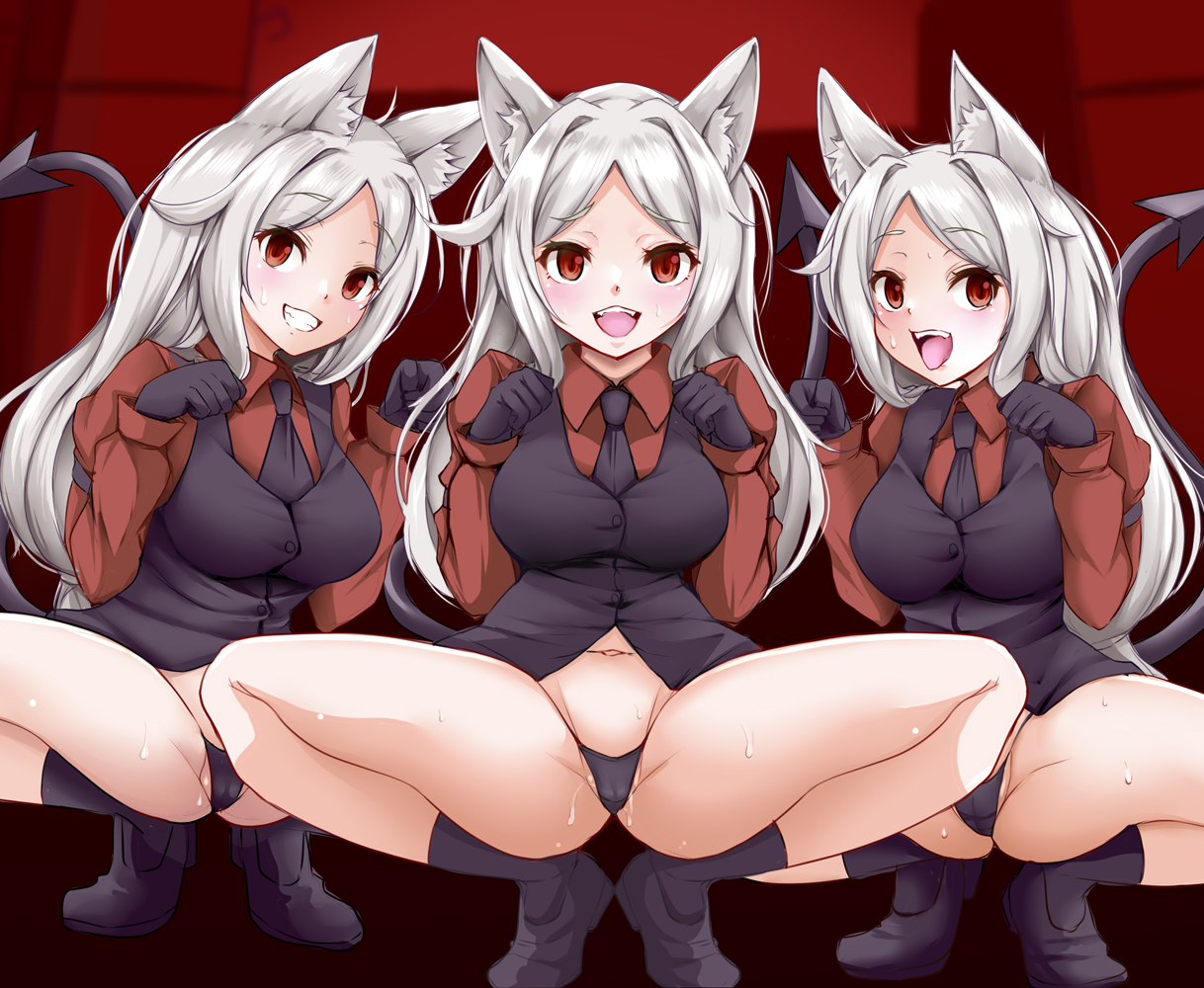 2020, 3girls, animal ears, black boots, black thong, boots, breasts, cameltoe, cerberus (helltaker), clothing, demon, demon girl, demon tail, dog ears, dog girl, eyebrows visible through hair, fangs, female, female only, helltaker, highres, koza47322, large breasts, long hair, looking at viewer, multiple females, multiple girls, navel, necktie, no pants, open mouth, panties, paw pose, pussy, pussy juice, pussy juice trail, red eyes, smile, squatting, sweat, tail, teeth, thick thighs, thighs, thong, tongue, tongue out, underwear, wet, wet pussy, white hair