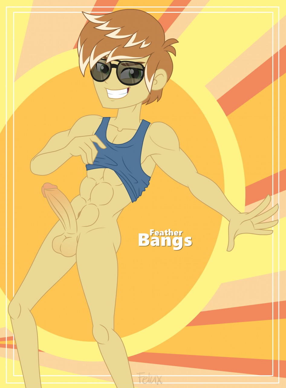 1boy abs balls bottomless brown_hair equestria_girls erection feather_bangs_(eg) felux friendship_is_magic green_eyes humanized male_only my_little_pony nude pecs penis shirt_up solo solo_male sunglasses tank_top