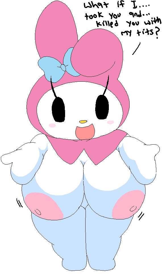 anthro, big breasts, blush, breasts, cute, dream-cassette, female, female only, hoshime, large breasts, mob face, my melody, nipples, onegai my melody, oppai, sanrio, shortstack, solo, tagme, text, thick thighs