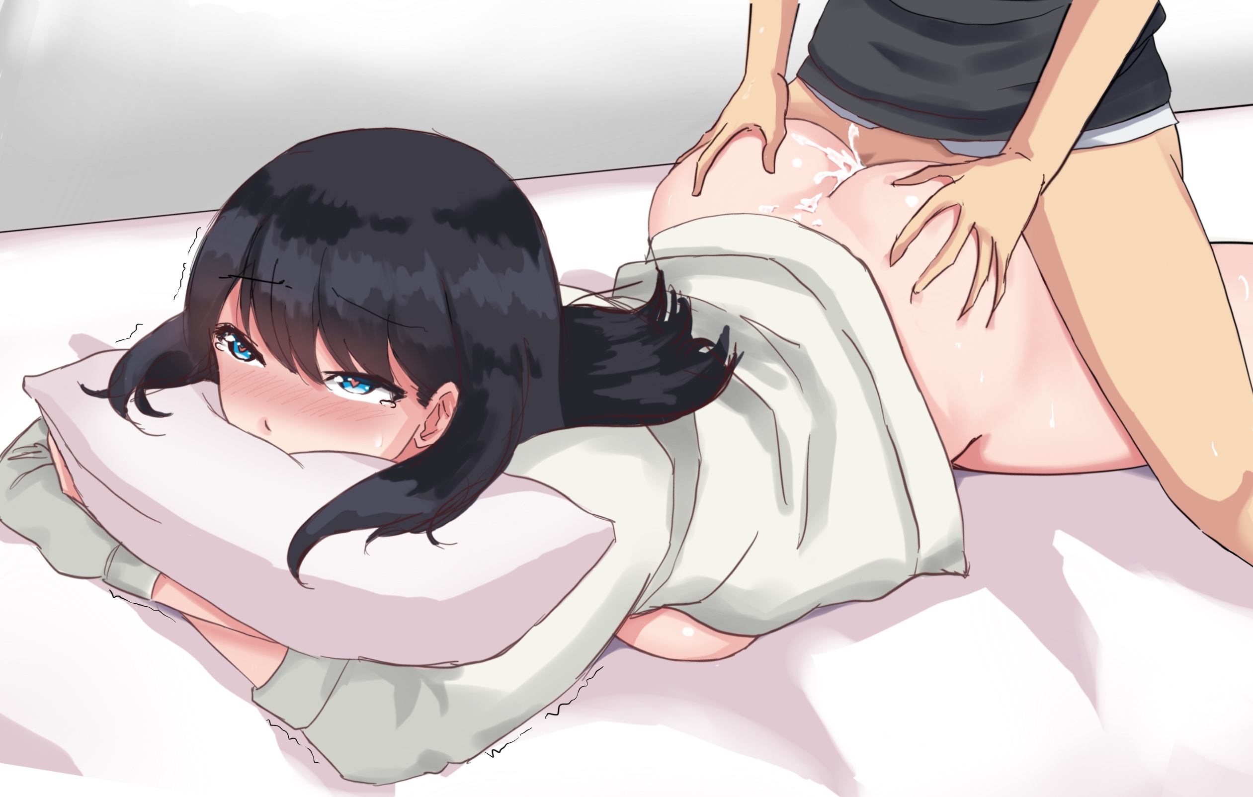 1boy, 1girls, anal, anal sex, ass, ass grab, black hair, blue eyes, blush, bottomless, breasts, breasts out, clothed sex, cum, cum in ass, cum inside, cum leaking, devilukez, eyebrows visible through hair, female, heart-shaped pupils, hibiki yuuta, implied penetration, long hair, male, on bed, on stomach, open jacket, pillow, pleasure face, prone bone, sex, shaking, ssss.gridman, takarada rikka, tears, unseen male face