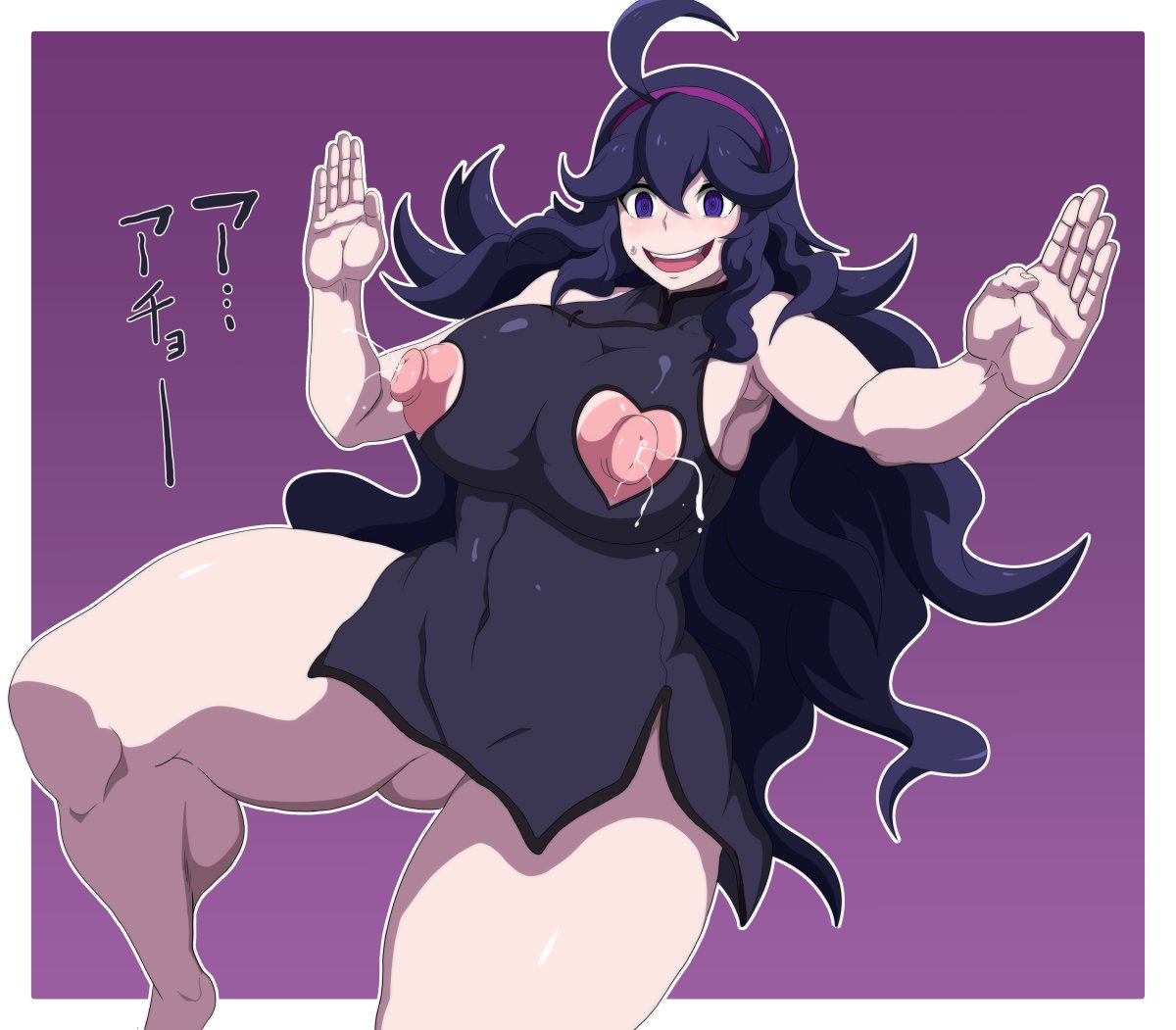 big breasts, black hair, breasts, female, female only, hex maniac, human, lactation, long hair, nintendo, nipples, oryuto, pokemon, purple eyes, solo, solo female, solo focus, thick thighs