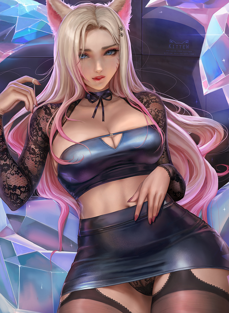 1girls, 2d, ahri, alternate costume, artist name, big breasts, blonde hair, breasts, female, female only, k/da ahri, k/da series, kittew, large breasts, league of legends, light skin, light-skinned female, looking at viewer, pale skin, pale-skinned female, panties, skirt, solo, thighhighs, watermark