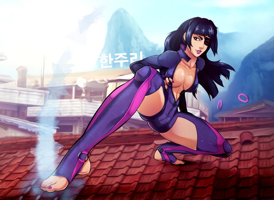 barefoot big_breasts black_hair capcom eyepatch feet female female_only grand-sage juri_han long_hair mature_female pink_toenails purple_eyes smile solo solo_female solo_focus stirrup_legwear street_fighter thick_thighs