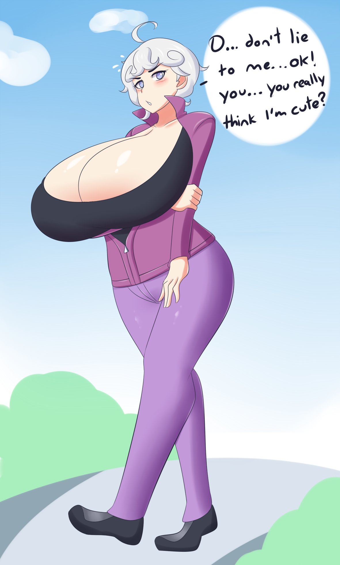 bede_(pokemon) beet_(pokemon) blush blushing curvy dialogue female huge_breasts human jcdr large_breasts nintendo pokemon pokemon_ss rule_63 short_hair shy speech_bubble tsundere walking