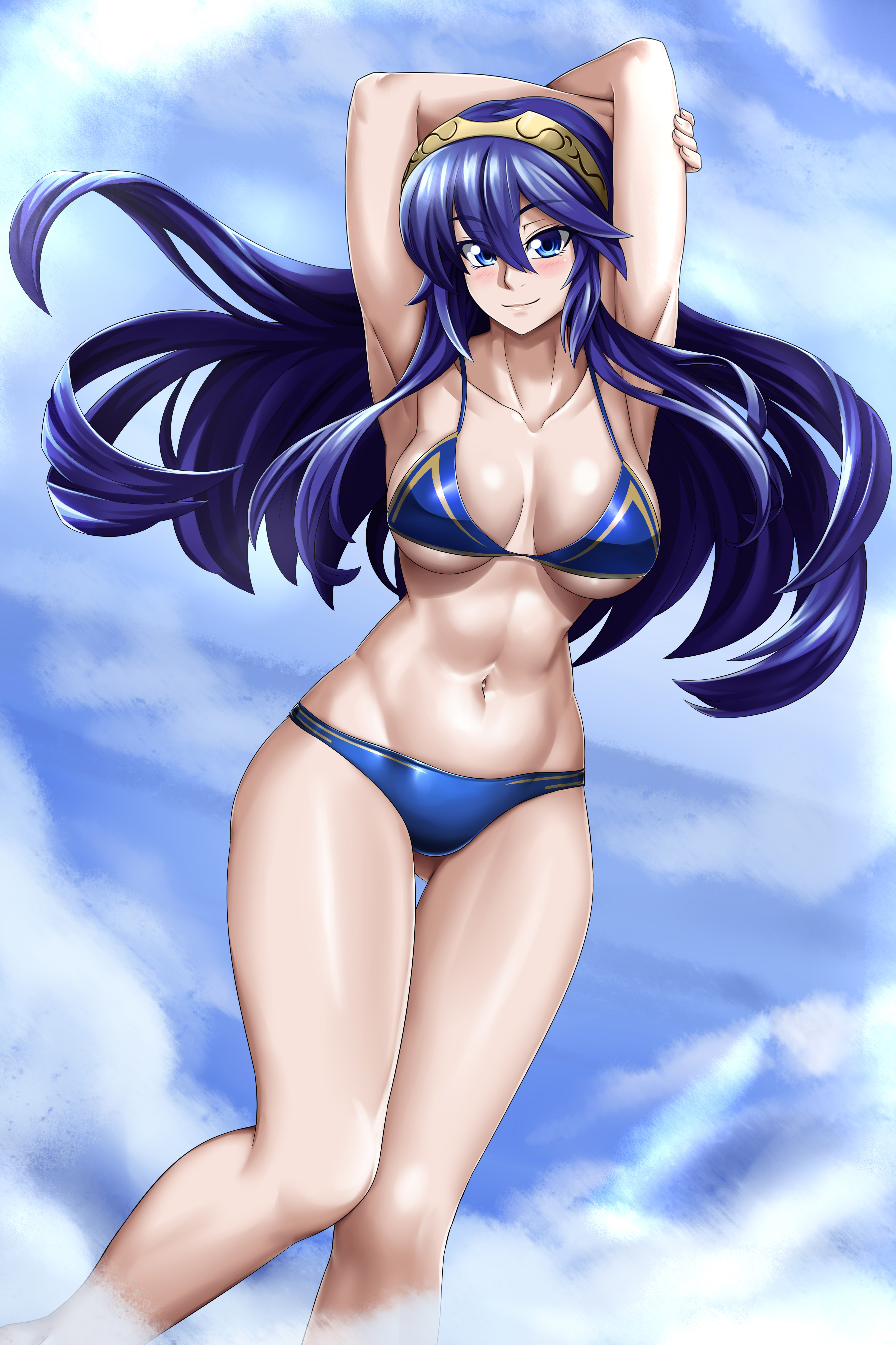 alluring, bikini, blue eyes, blue hair, breasts, female, fire emblem, fire emblem awakening, hocen, large breasts, legs, lucina (fire emblem), nintendo, posing, swimsuit, tiara