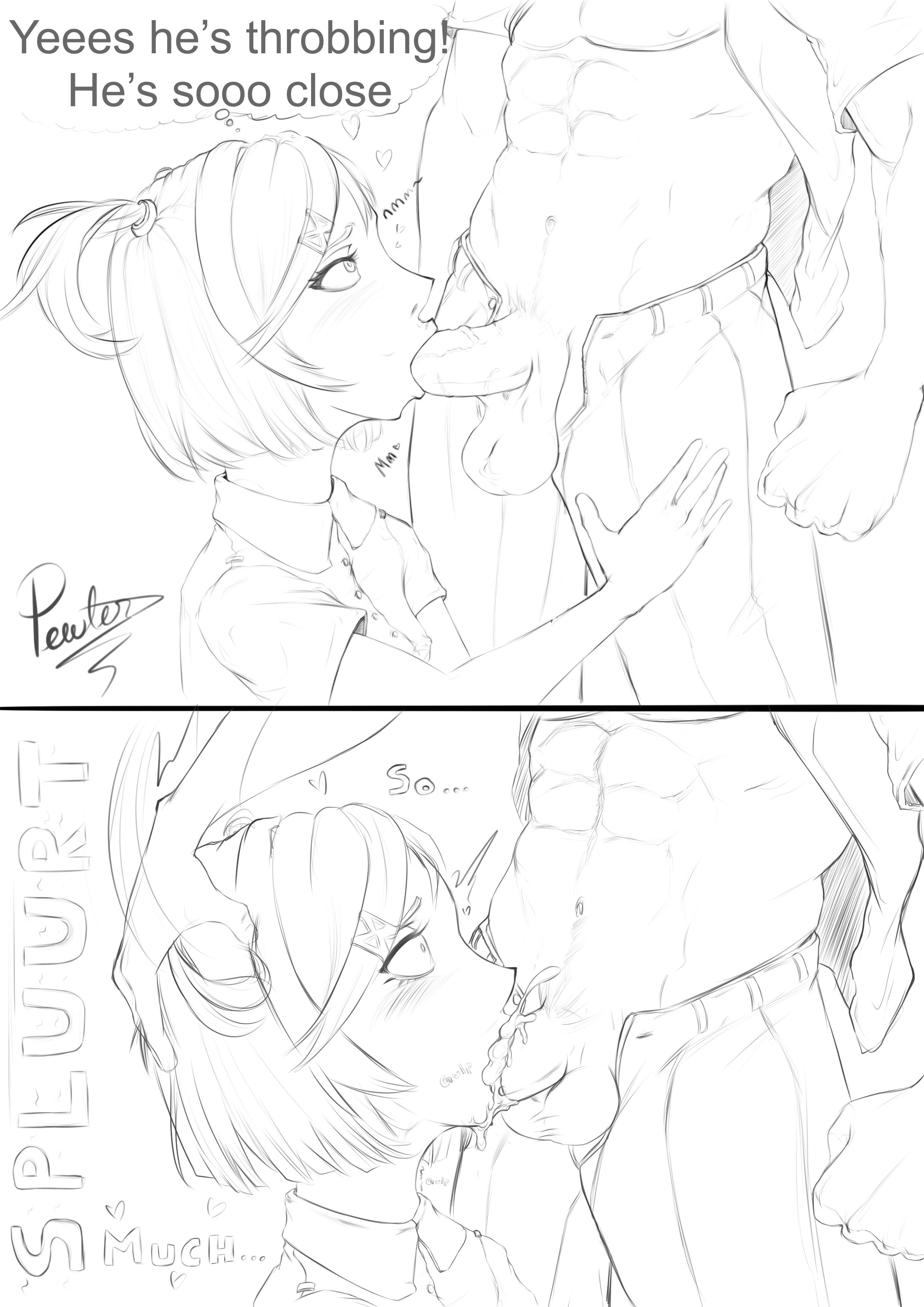 1boy, 1girls, 2koma, abs, arm support, artist name, artist signature, balls, bangs, blowjob, blush, clothed, clothed sex, clothes, clothing, collared shirt, constricted pupils, cum, cum in mouth, cum in throat, cum inside, cum on face, cum overflow, deep blowjob, deepthroat, doki doki literature club, duo, ejaculation, english, english text, enjoying, fellatio, female, female focus, gag, gagging, hair, hair ornament, hair ribbon, hairclip, hand on another's head, hand on another's leg, hand on head, happy, happy sex, head grab, head out of frame, heart, irrumatio, looking at another, looking pleasured, looking up, male, monochrome, mostly clothed, muscular, muscular male, natsuki (doki doki literature club), naughty face, navel, open clothes, open mouth, open shirt, oral, oral penetration, oral sex, overflow, pants, penis, pewter-boi, sex, shirt, short hair, short sleeves, short twintails, signature, standing, surprised, swept bangs, testicles, text, thought bubble, three-quarter portrait, tied hair, tight throat, twintails, unbuttoned, unbuttoned pants, uncensored, unseen male face, upper body, vein, veiny penis