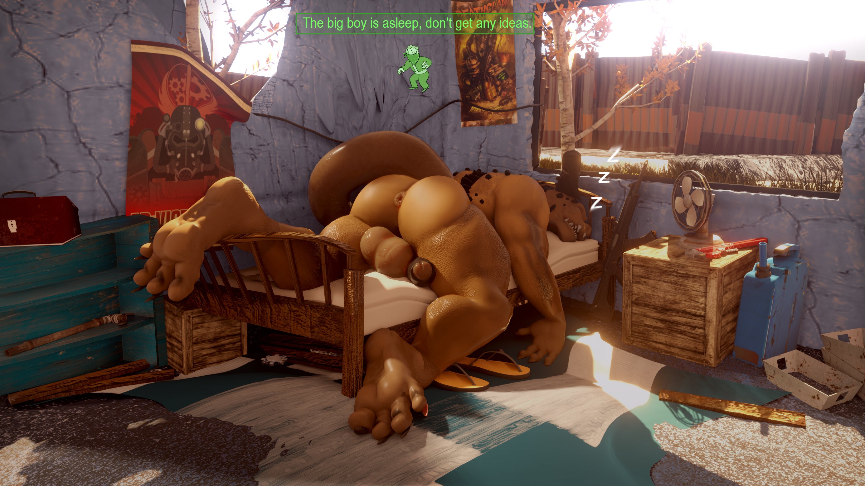 1boy, 2020, 3d, 4 fingers, anus, ass, balls, bed, bedroom, bethesda softworks, big ass, big butt, bubble ass, bubble butt, deathclaw, digital media (artwork), fallout, fallout 4, feet, gay, genitals, huge ass, huge butt, humanoid feet, humanoid genitalia, humanoid hands, humanoid penis, male, male deathclaw (fallout), male only, monster, monster boy, more three dee, moreuselesssource, muscular, nude, penis, reptile, sleeping, solo, tail, testicles, thick thighs, veiny penis, wide hips