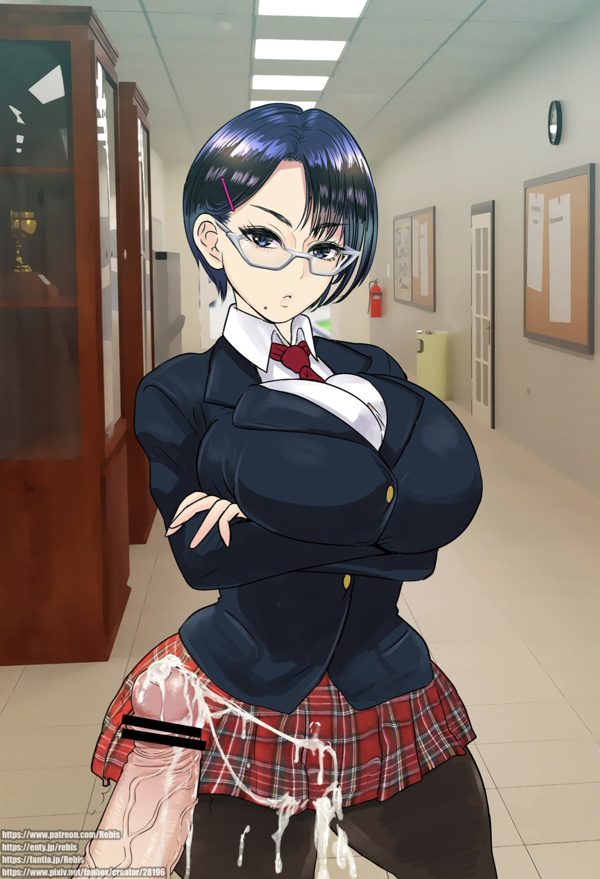 altered common sense, arms crossed, ass, big breasts, big penis, breasts, change in common sense, common sense change, cum, cum on body, cum on lower body, cum on skirt, curvy, dark hair, emotionless, emotionless female, female, glasses, hairclip, huge ass, human sex toy, imminent rape, indifference, indifferent, light skin, light-skinned female, looking at viewer, male, miniskirt, mole under mouth, original, original character, pale skin, pale-skinned female, penis, plaid skirt, rebis, school uniform, schoolgirl, sera (rebis), short hair, skirt, tagme, unaware, unaware hypnosis, unbothered, uncaring, wide hips
