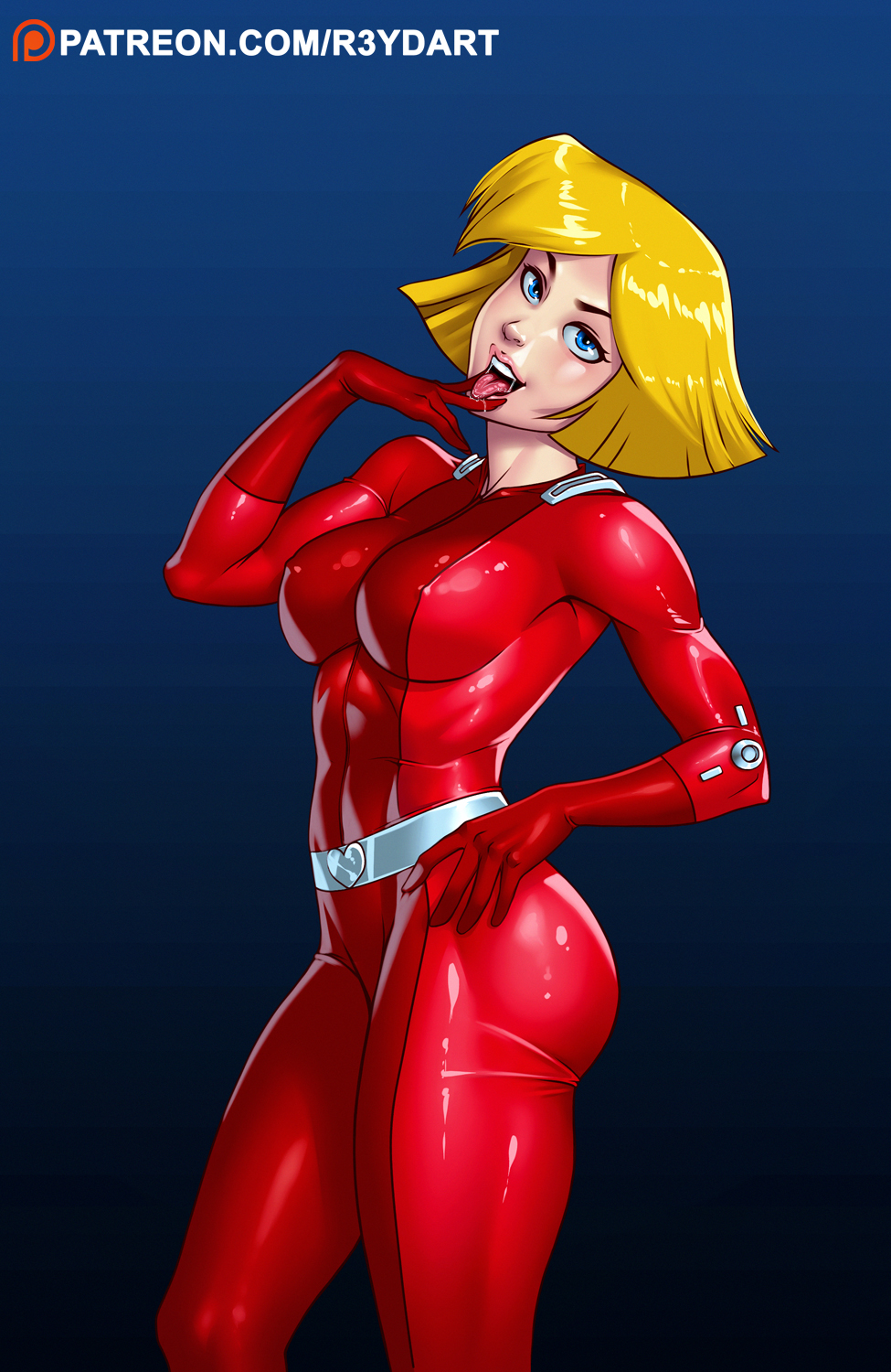 1girls ass belt belt_buckle blonde_hair blue_eyes bodysuit breasts cellphone clothing clover_(totally_spies) female female_only gloves hand_on_hip handwear head_tilt heart-shaped_buckle heart_buckle high_resolution jpeg large_breasts latex latex_bodysuit latex_suit looking_at_viewer open_mouth r3ydart red_bodysuit saliva shiny shiny_clothes short_hair side_view solo standing teasing thick_thighs thighs tight_clothes tight_clothing toned totally_spies