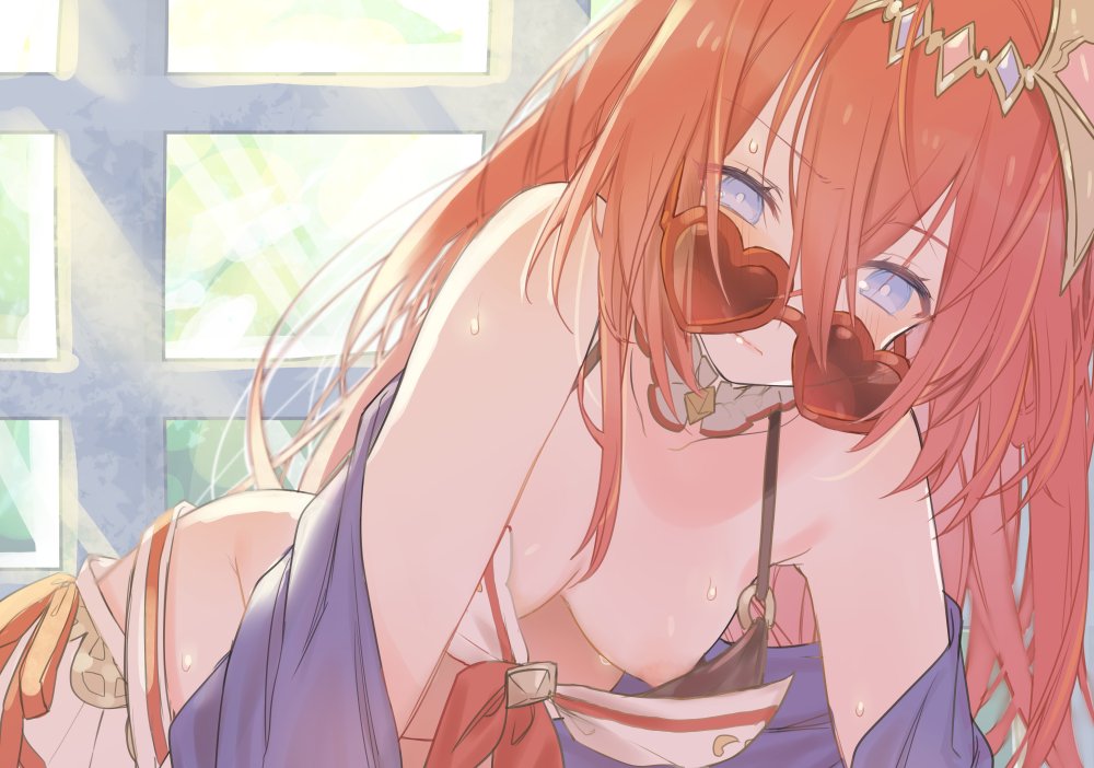 alexiel areola_slip areolae bikini black_bikini blue_eyes blush breasts cleavage female granblue_fantasy hair_between_eyes hair_ornament heart heart-shaped_eyewear koza_game long_hair looking_at_viewer looking_over_eyewear looking_over_glasses medium_breasts nipple_slip red-tinted_eyewear red-tinted_glasses red_hair solo sunglasses sweat swimsuit tinted_eyewear very_long_hair