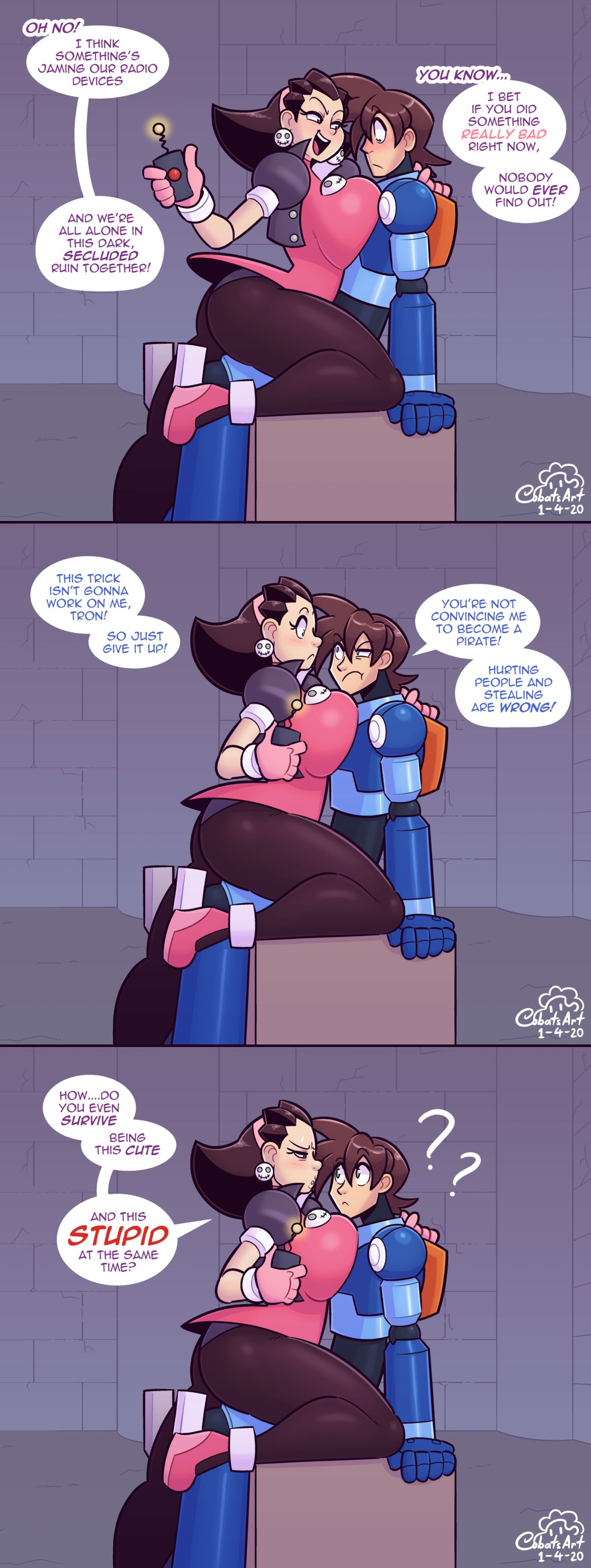 1boy, 1girls, aged up, ass, big ass, big breasts, breast press, breasts, brown hair, bust, busty, capcom, clothed, clothed female, clueless, cobatsart, cowgirl position, dialogue, female, female on top, girl on top, green eyes, high heels, hips, huge breasts, large breasts, legs, male, mega man, mega man legends, mega man volnutt, oblivious, rockman, rockman legends, sexually ignorant, short hair, speech bubble, stockings, straight, thick, thick legs, thick thighs, thighs, tron bonne, video game character, video game franchise, video games, voluptuous, waist, wide hips