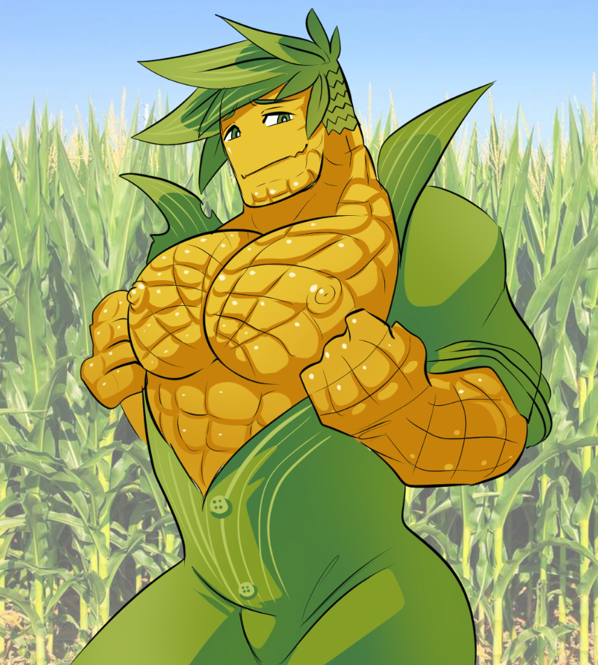 abs big_nipples big_pecs corn daddy food_creature green_buttons green_eyes green_shirt large_pecs loulouvz male male_only muscle muscles muscular muscular_male nipples pecs showing_off showing_pecs solo starch vegetable_humanoid