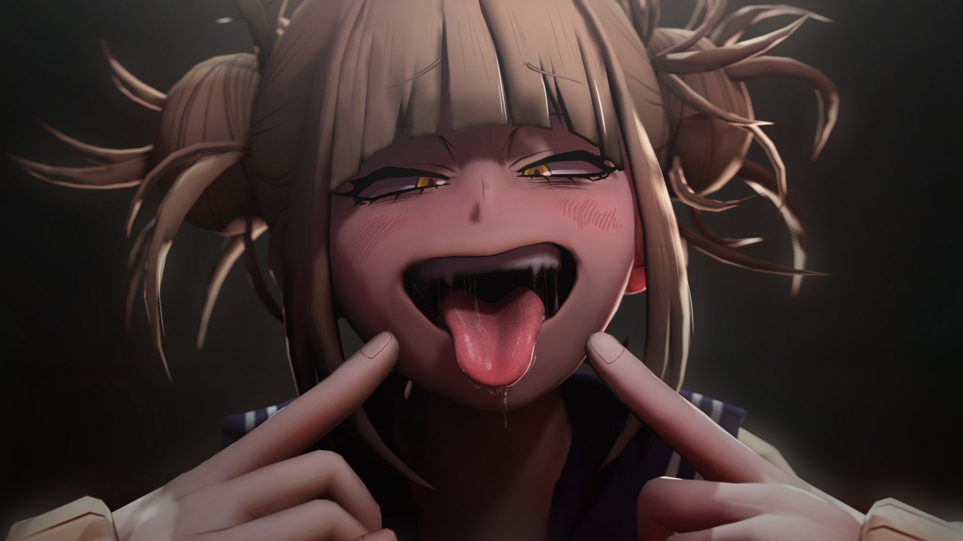 1girls, 3d, ahe gao, begging, blonde hair, blonde-haired female, cat eyes, cute, double bun, drooling, eyelashes, eyeshadow, female, fringe, greatm8, hair bun, happy, himiko toga, jerkoff visual assistance, looking at viewer, my hero academia, oral, oral invitation, petite, pigtails, pleasure face, pointing at mouth, presenting mouth, presenting throat, presenting tongue, saliva, saliva drip, saliva string, school uniform, seductive eyes, seductive mouth, seductive smile, sharp teeth, skinny, slim, teenager, throat, tied hair, tongue, tongue out, yellow eyes