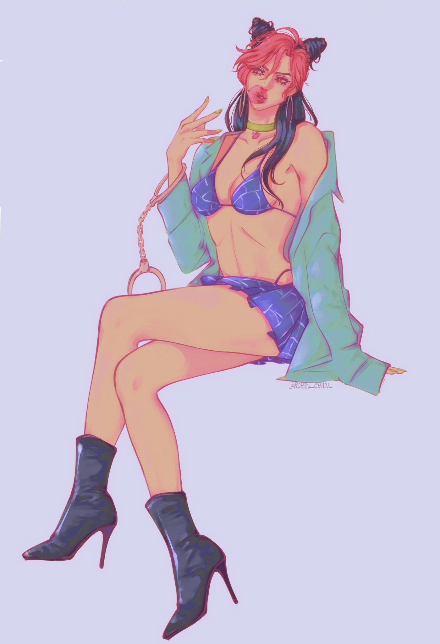 1girls, bikini, bubble gum, female, female only, half-dressed, jojo's bizarre adventure, jolyne kujo, pink eyes, pink hair, rohan chan , solo, stone ocean