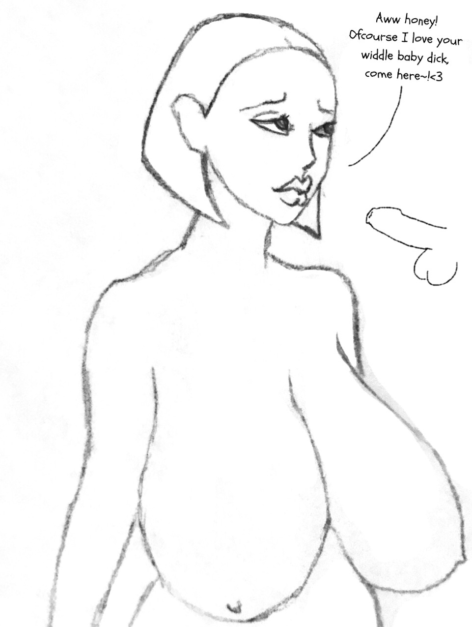 1boy 1girls anonsmall big_breasts big_lips english_text female femdom huge_breasts large_breasts line_art milf milk monochrome penis self_upload small_penis small_penis_adoration solo_focus text