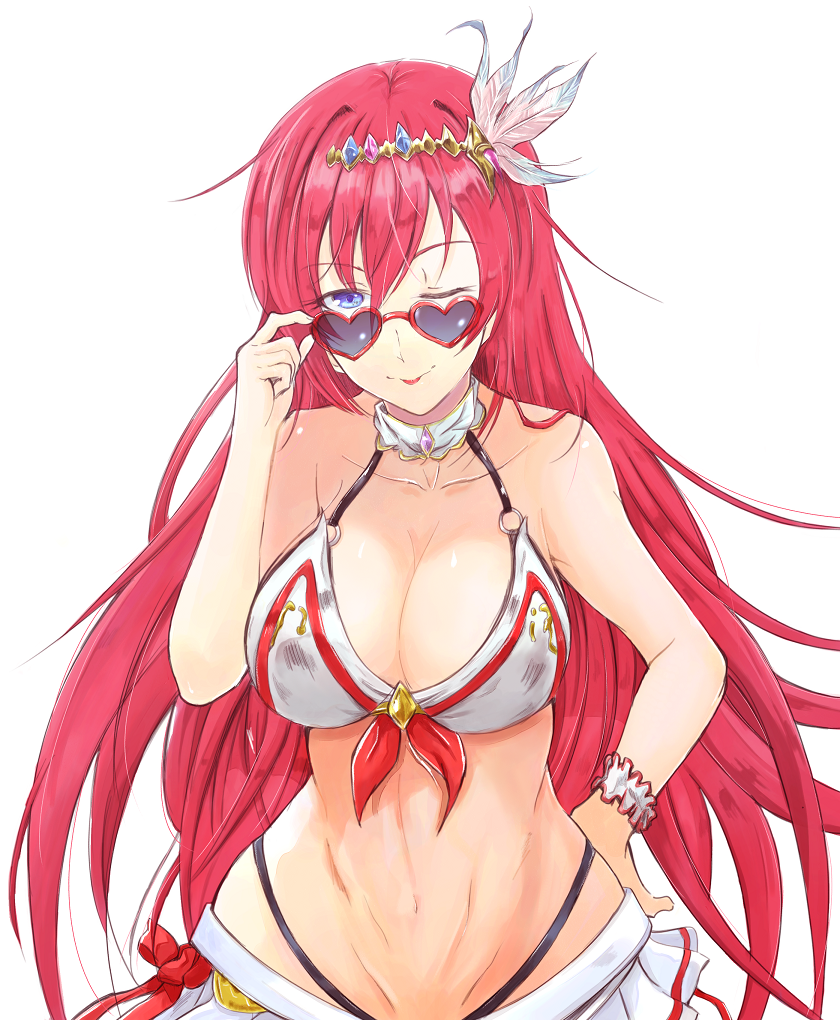 adjusting_eyewear adjusting_glasses alexiel bikini blue_eyes breasts cleavage female granblue_fantasy hair_between_eyes hair_ornament large_breasts long_hair looking_over_eyewear looking_over_glasses one_eye_closed red_hair sunglasses swimwear tagme tinted_eyewear tongue tongue_out very_long_hair white_bikini wink