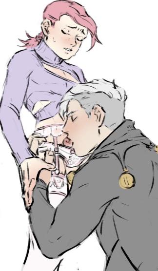 blowjob doppios_sweater jojo's_bizarre_adventure licking licking_penis lingerie male_focus male_only penis pink_hair risotto_nero sakusaku_ningen vento_aureo vinegar_doppio white_hair