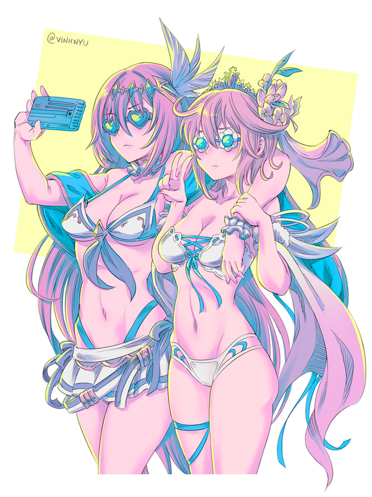 2girls alexiel bangs bare_shoulders bikini breasts brown_hair cleavage europa_(granblue_fantasy) female female_focus female_only green-tinted_eyewear hair_between_eyes hair_ornament heart-shaped_eyewear long_hair navel red_hair selfie short_hair sunglasses swimwear tagme thighs tinted_eyewear white_bikini