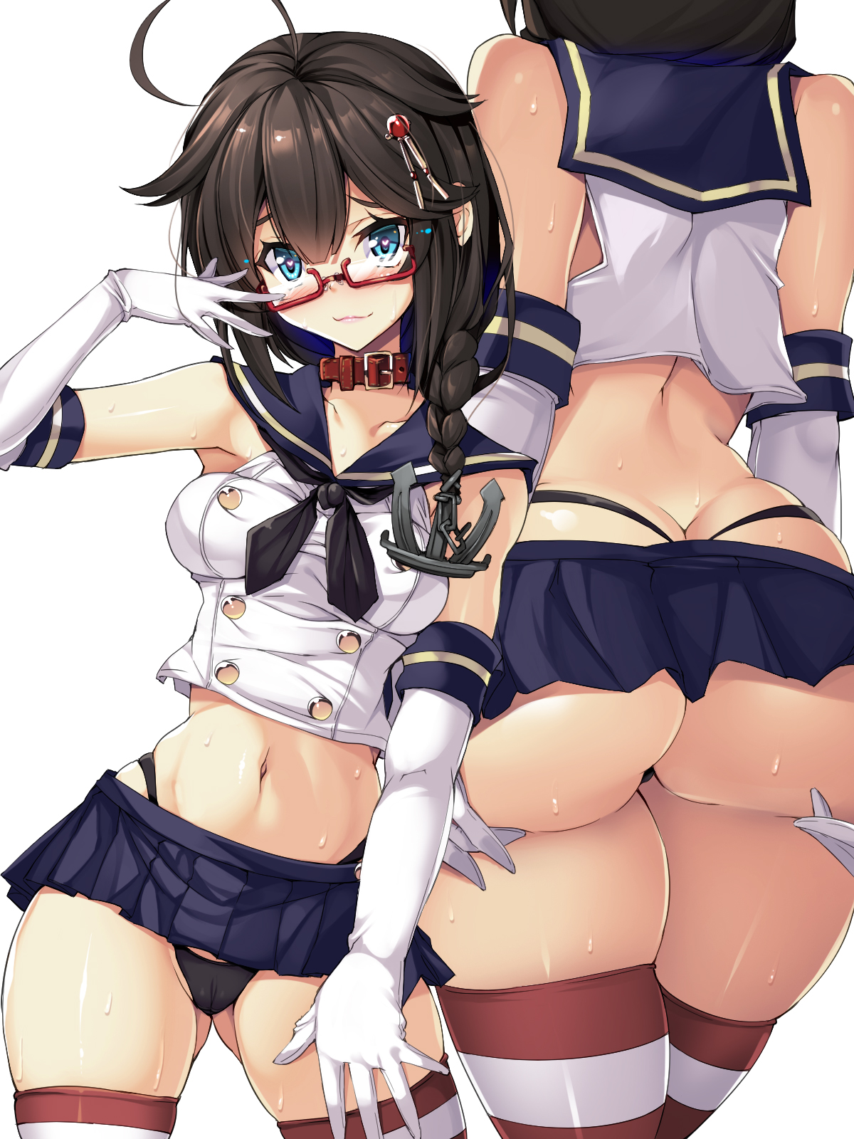 :3, anchor hair ornament, ass, ass cleavage, ass crack, ass support, big ass, black neckwear, blue eyes, braid, breasts, brown hair, butt crack, collar, cosplay, elbow gloves, eyewear, female, glasses, gloves, hair ornament, heart, heart-shaped pupils, highres, kantai collection, long hair, looking at viewer, microskirt, navel, neckerchief, no nude, red-framed glasses, remodel (kantai collection), school uniform, serafuku, shigure (kantai collection), shimakaze (kantai collection) (cosplay), skirt, smile, striped, striped legwear, sweat, thighhighs, thong, thong above skirt, torisan, white gloves
