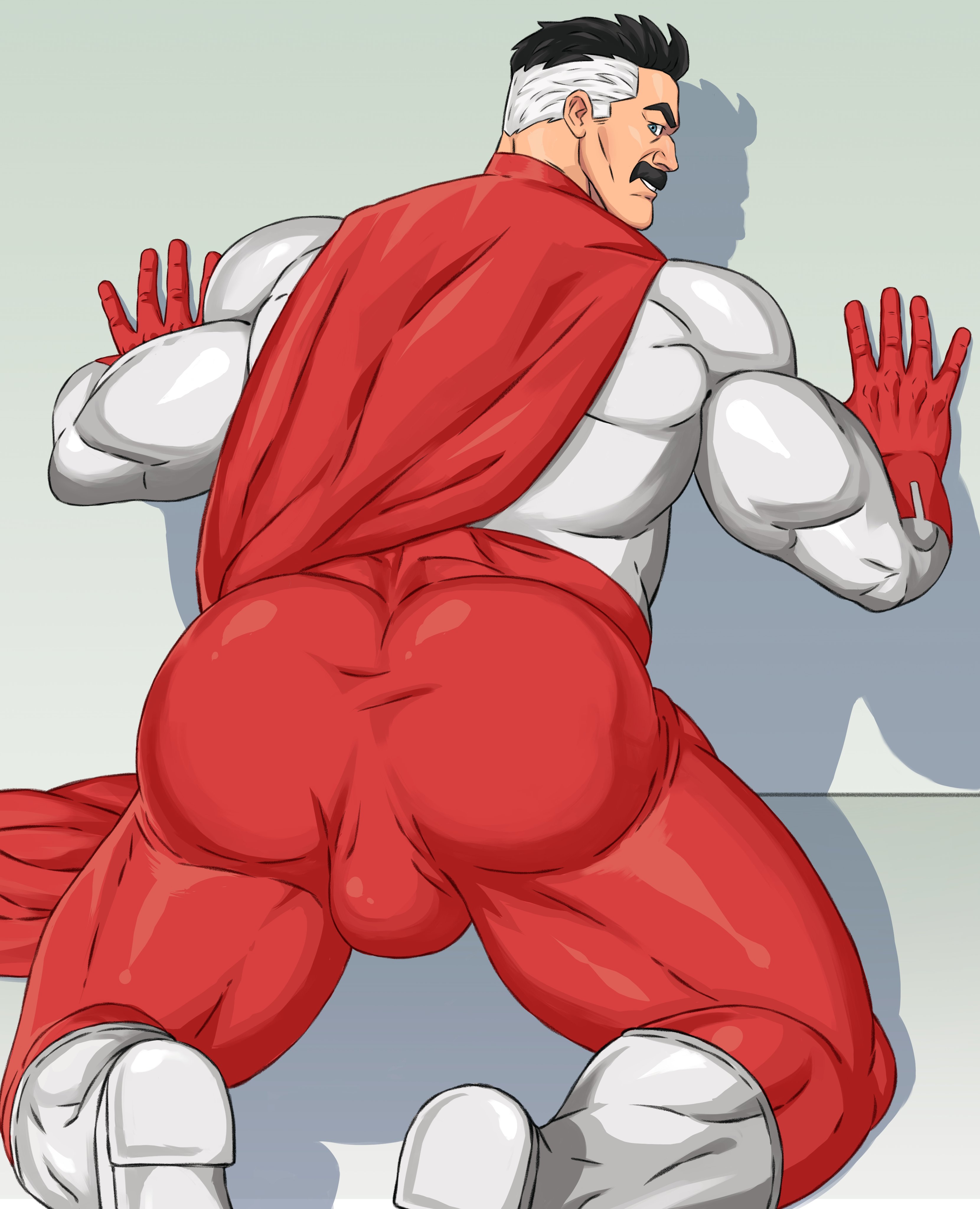 ass, bara, big ass, big butt, bubble ass, bubble butt, clothed, daddy, daddy kink, dilf, gay, growlygruntz, invincible, looking at viewer, looking back, male, male only, moustache, nolan grayson, omni-man, showing ass, smiling at viewer, smirk, yaoi