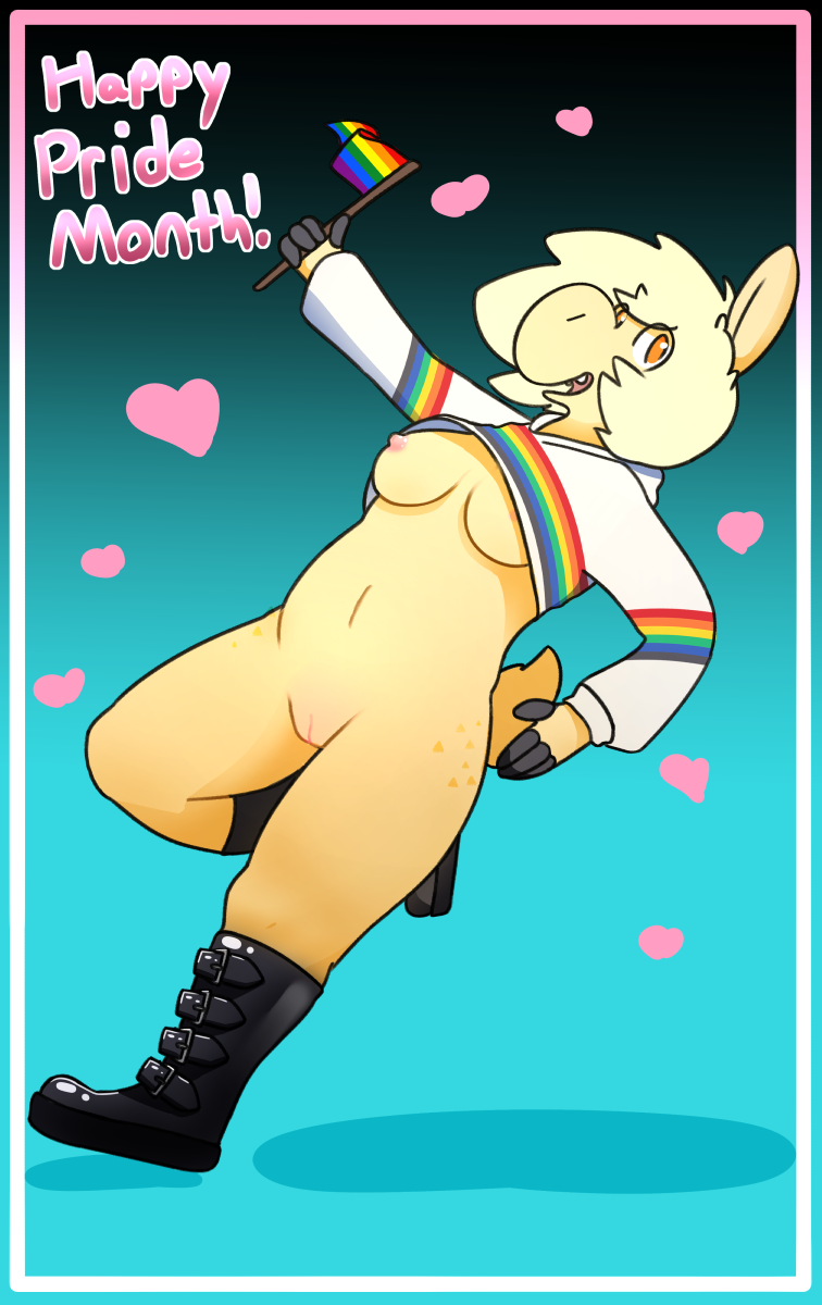 anthro boots bovid caprine clothed clothing female footwear genitals hi_res mammal ncpk nipples partially_clothed pussy rainbow_flag rainbow_symbol sheep simple_background smile solo