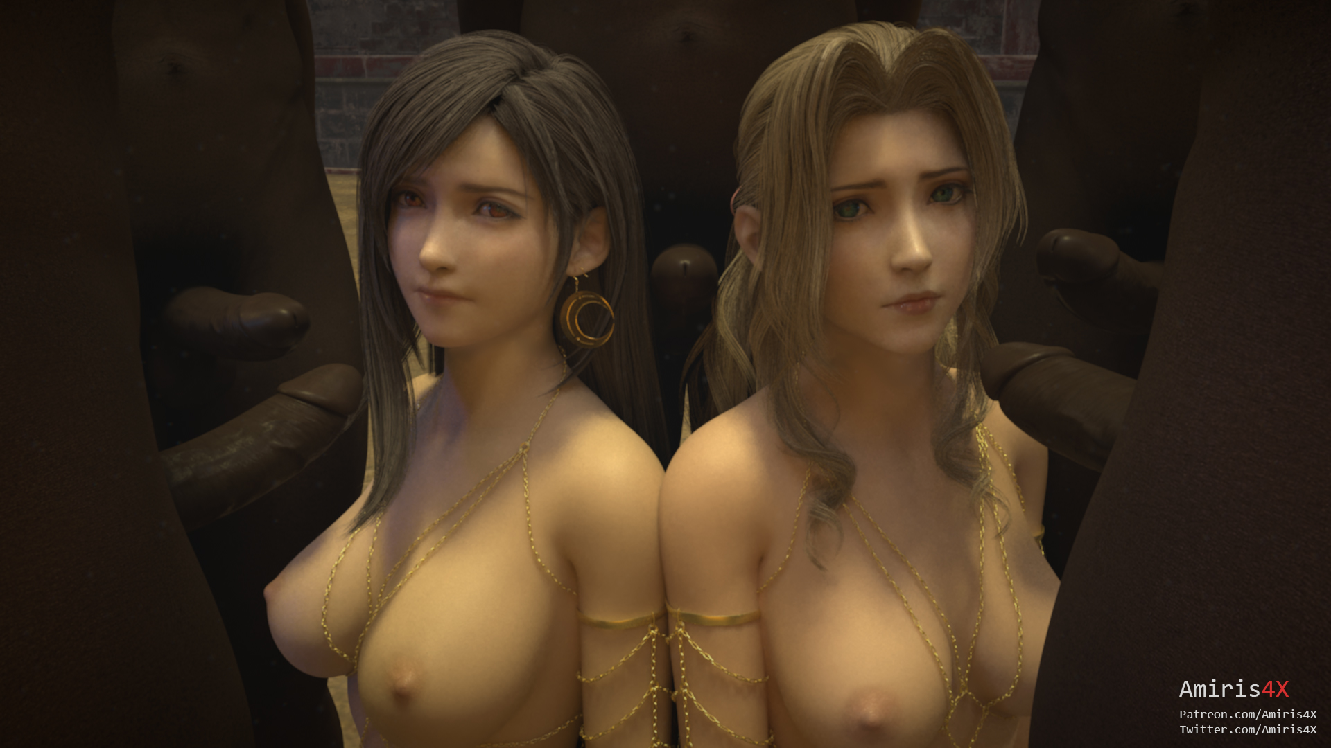 2girls, 3d, 3d (artwork), 5boys, aerith gainsborough, amiris4, areola, areolae, artist name, big penis, black hair, blue eyes, body jewelry, breasts, brown hair, dark hair, dark skin, dark-skinned male, earrings, female, final fantasy, final fantasy vii, final fantasy vii remake, huge cock, huge penis, human, human only, interracial, large penis, light skin, light-skinned female, long hair, long penis, looking at viewer, male, multiple boys, multiple females, multiple girls, multiple males, multiple penises, nipples, nude, nude female, nude male, nudity, penis, red eyes, simple background, square enix, thick penis, tifa lockhart, topless, uncensored
