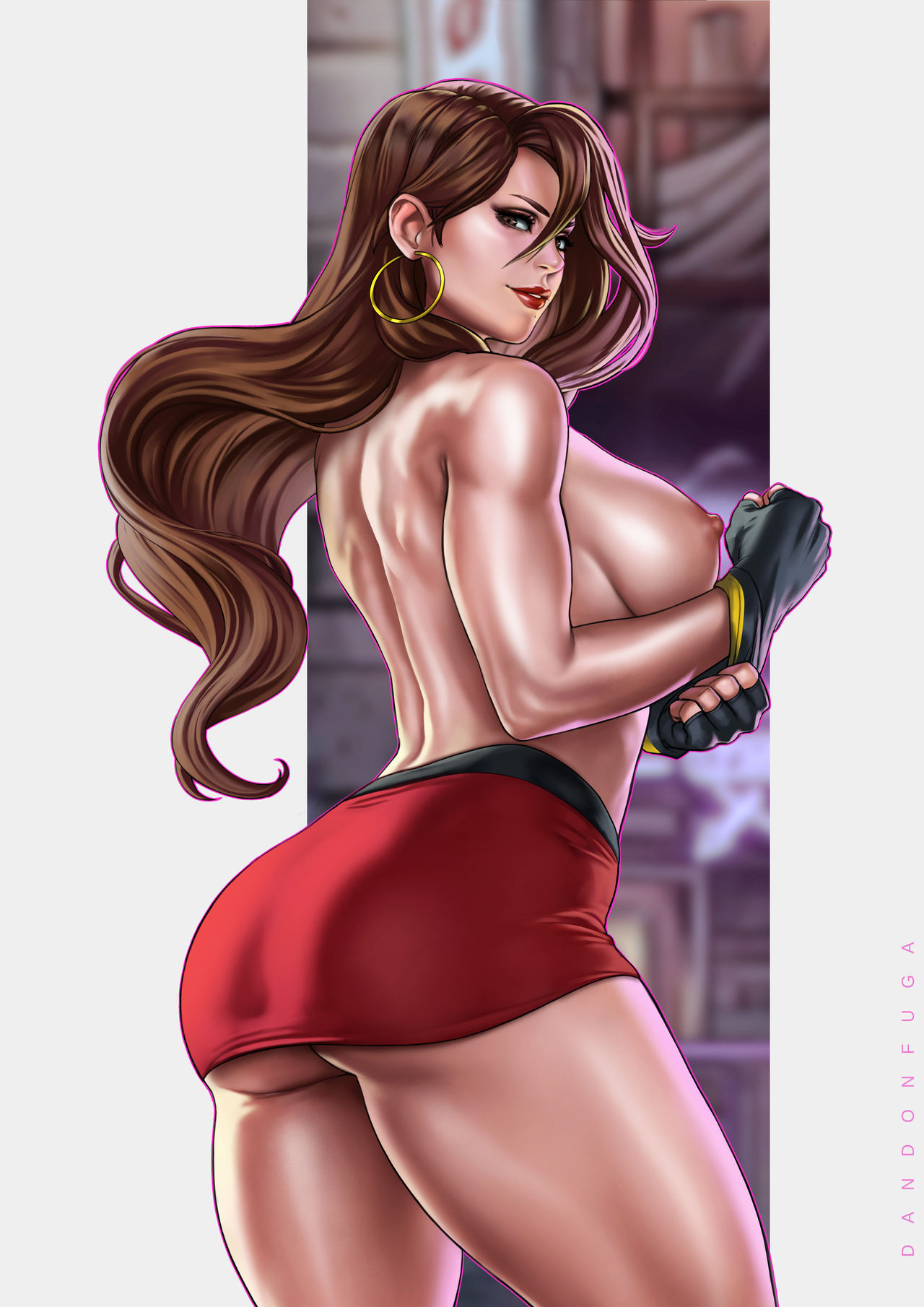 blaze fielding, breasts, brown eyes, brown hair, dandon fuga, female, gloves, miniskirt, sega, skirt, streets of rage, streets of rage 4, thick thighs, topless, uncensored