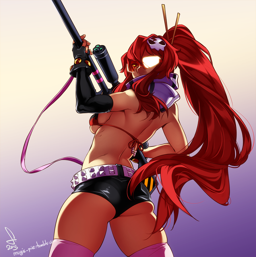 1girls ass bangs bare_shoulders belt bikini breast feguimel female female_focus female_only gloves gun hair_between_eyes hair_ornament long_hair looking_at_viewer looking_back orange-tinted_eyewear red_hair short_shorts shorts sunglasses tagme tengen_toppa_gurren_lagann thick_ass thick_thighs thighs tinted_eyewear visor weapon yoko_littner