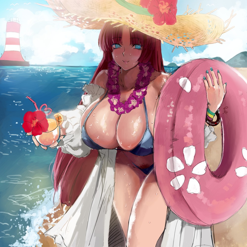 big_breasts bikini blush drink hong_meiling huge_breasts pool_ring pool_toy red_hair rye_(hyn_uka) solo solo_female sunhat sweat tagme touhou