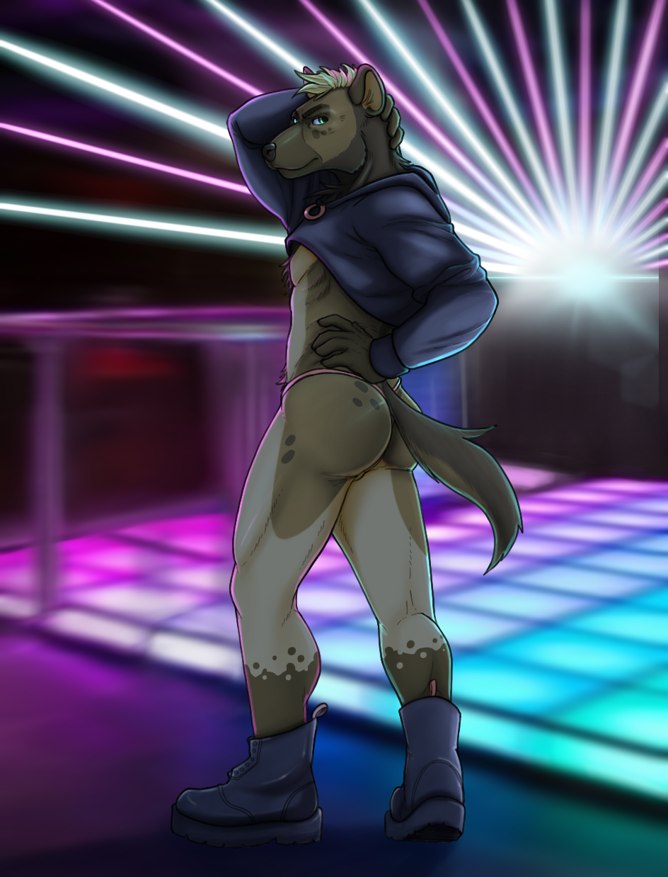 2020 5_fingers anthro ass black_nose clothed clothing dance_floor fingers footwear fur hair hi_res humanoid_hands hyaenid inside looking_at_viewer male male_only mammal nightclub pose solo spots spotted_body spotted_fur thehades topwear