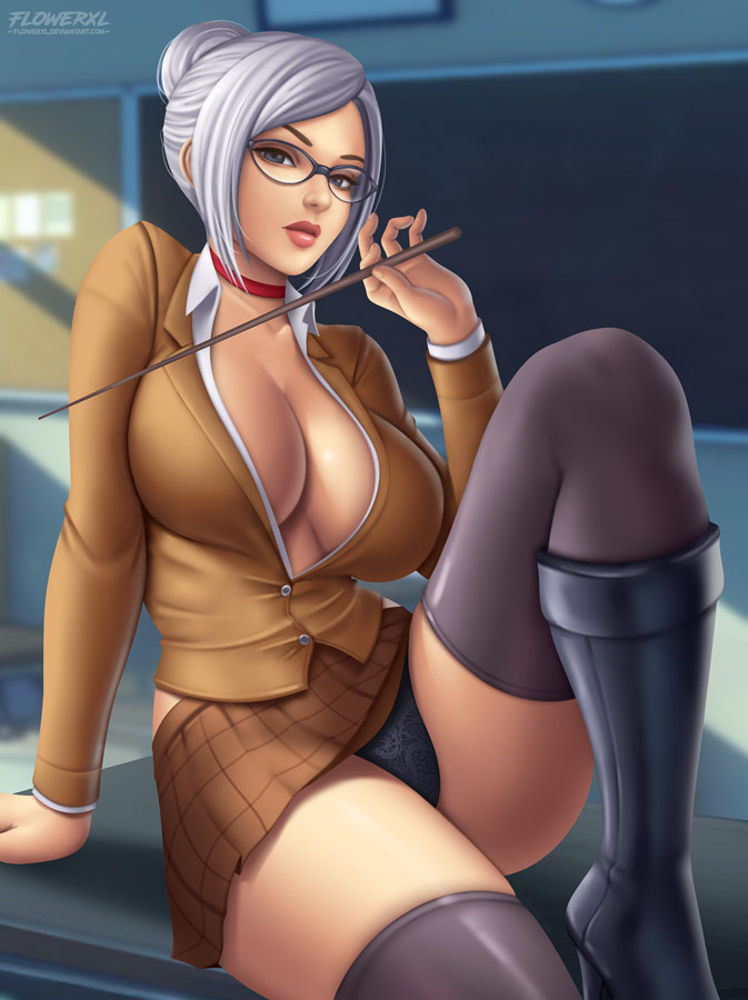 big breasts, braided hair, breasts, brown skirt, female, female only, flowerxl, high heel boots, high heels, long hair, prison school, shiraki meiko, skirt, solo, solo female, solo focus, thighhigh boots, thighhighs, upskirt, white hair