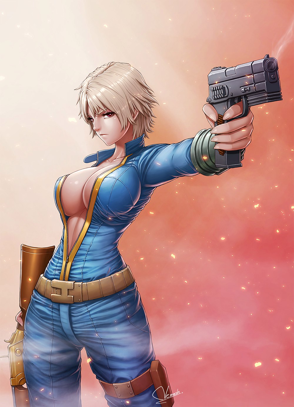 10mm_pistol 1girls belt bethesda_softworks big_breasts blonde_hair bodysuit brown_eyes cleavage fallout female female_only finger_on_trigger fit fit_female gun handgun holding_gun holding_pistol holding_weapon human light-skinned_female original_character overalls pip-boy pistol platinum_blonde_hair rifle sci-fi science_fiction scifi seductive short_hair smoking_gun solo solo_female thigh_strap toned toned_female unzipped_bodysuit vault_suit white_hair