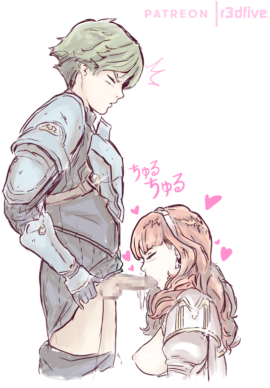 1boy albein_alm_rudolf_ii alm_(fire_emblem) anthiese_lima blowjob breasts celica_(fire_emblem) clothed cum cum_in_mouth earring fellatio female fire_emblem fire_emblem_echoes:_shadows_of_valentia fire_emblem_gaiden green_hair kneeling nintendo penis r3dfive red_hair simple_background standing white_background wholesome