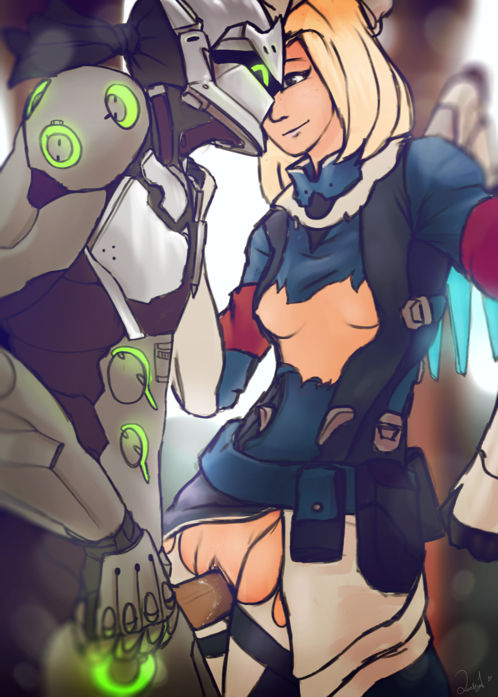 1boy 1girls asian_male_white_female blonde_hair combat_medic_ziegler cybernetics cyborg dark_penis doctor duo gency genji green_lights hairless_pussy helmet long_hair looking_at_another looking_at_partner mask masked mercy overwatch pussy pussy_juice qwertyas1 ripped_clothing small_breasts straight thick_thighs thighs