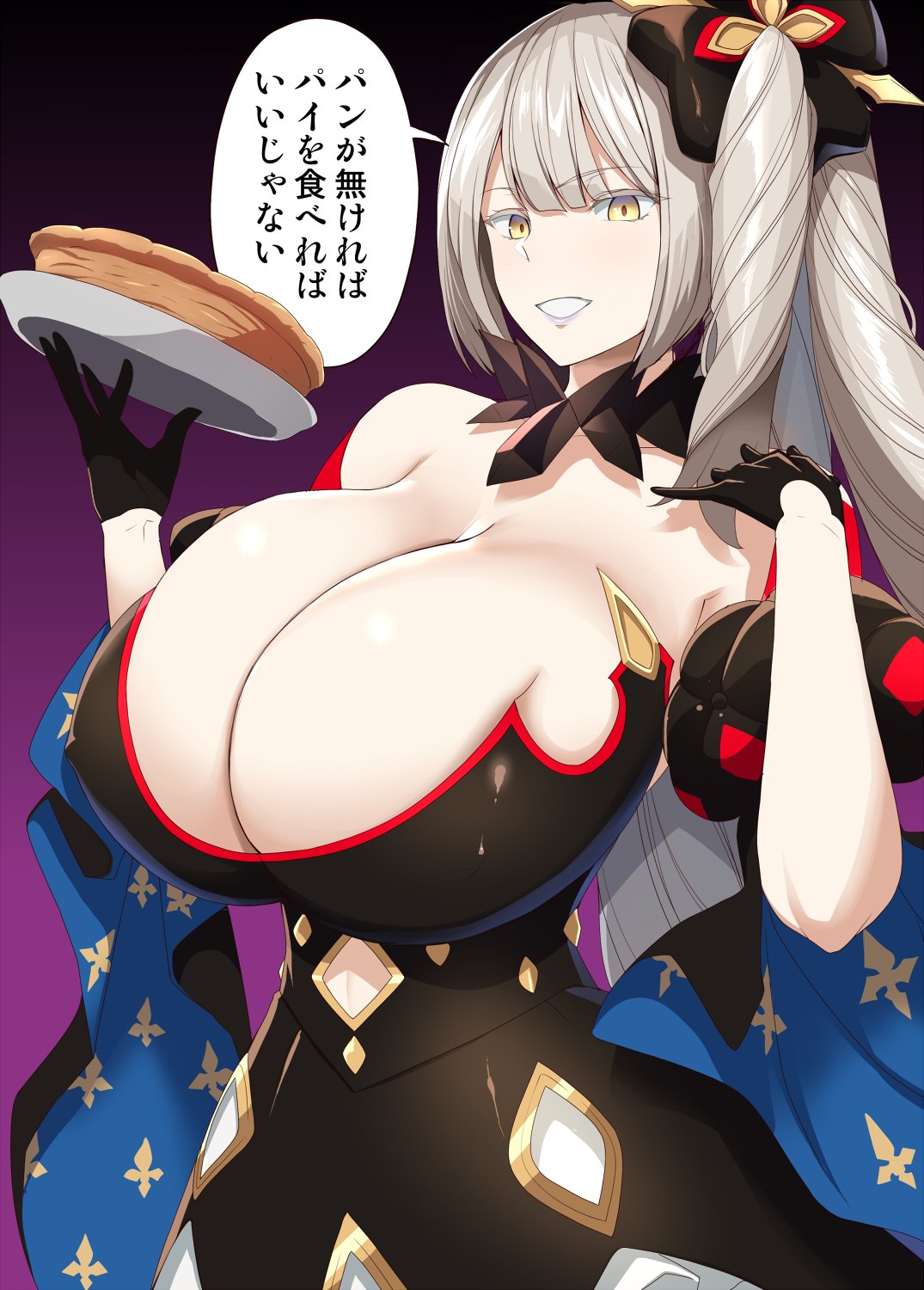 1girls alternate_breast_size bare_shoulders black_marie breasts cleavage dark_persona dress fate/grand_order fate_(series) female female_only food gloves hair_ornament huge_breasts kloah long_hair pie solo solo_female text white_hair yellow_eyes