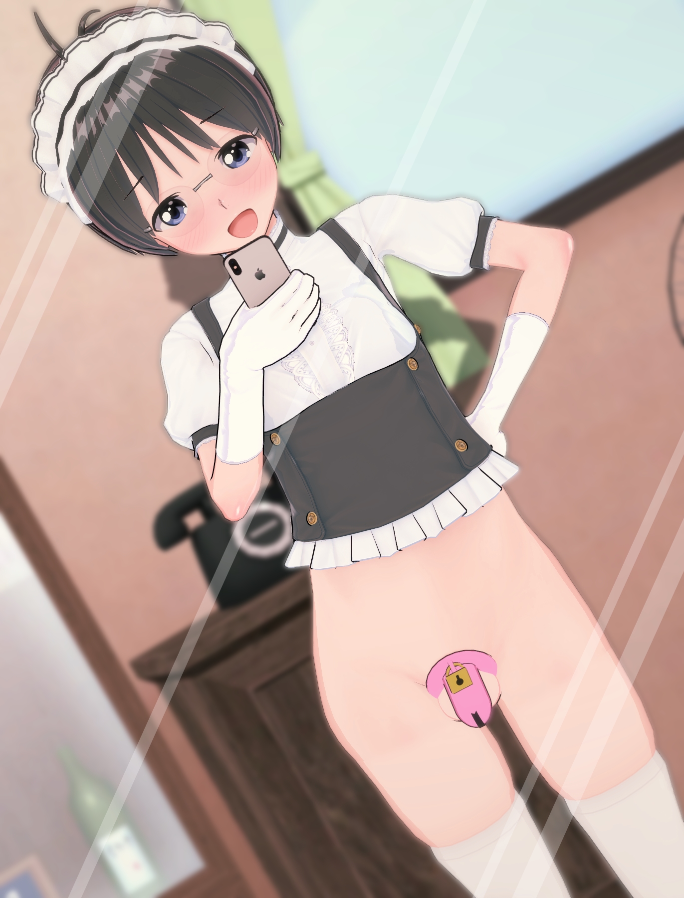 1boy, balls, bottomless, chastity, chastity cage, chastity device, erection, femboy, fut, girly, glasses, gloves, koikatsu, maid headdress, maid uniform, male, mirror, penis, phone, selfie, short hair, sissification, sissy, solo, testicles, thighhighs, trap