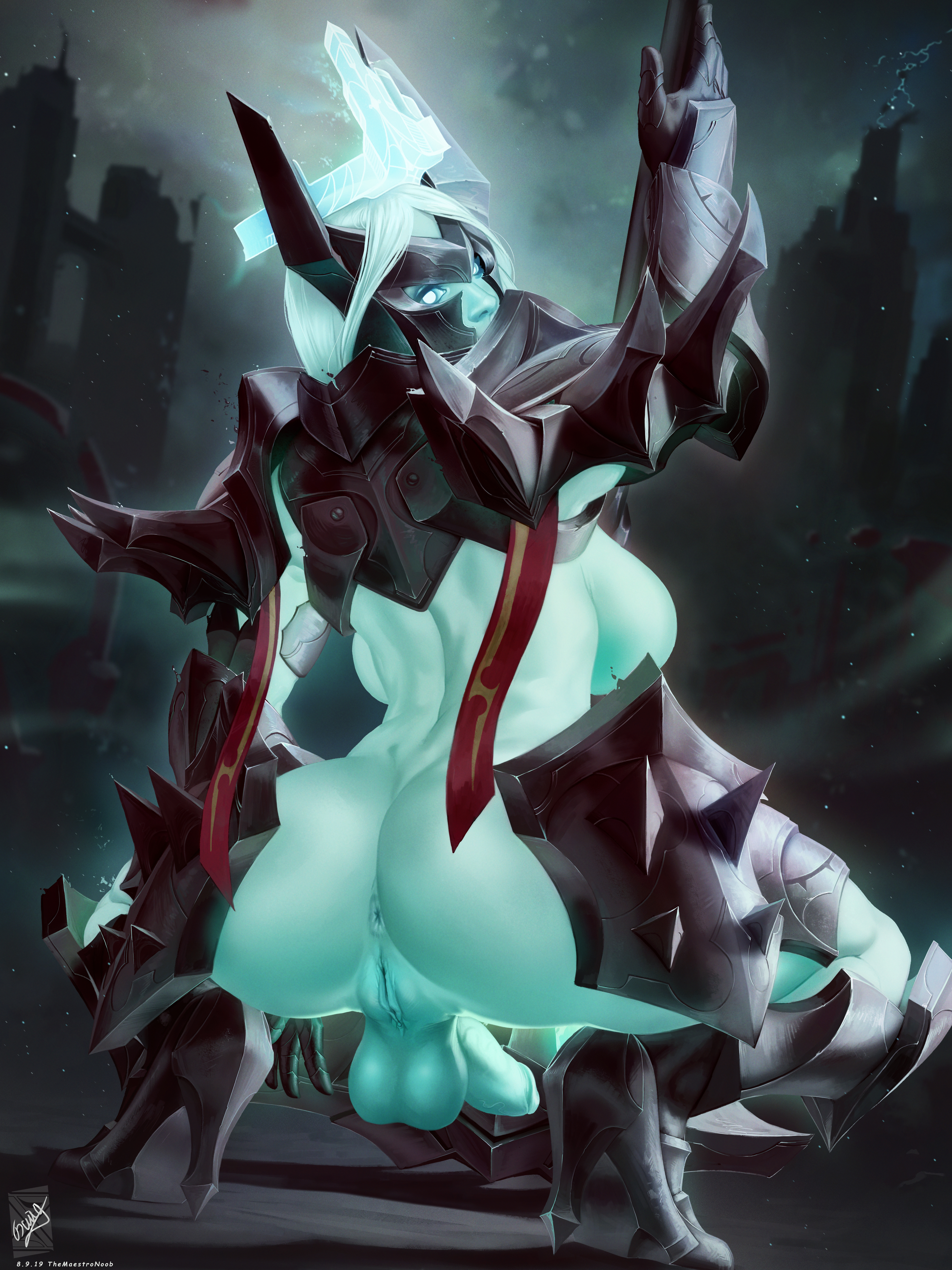 1futa, anus, armor, ass, backsack, balls, ballsack, breasts, curvy, erection, female, full-package futa, futa only, futanari, huge ass, huge breasts, intersex, league of legends, looking at viewer, looking back, mordekaiser, nude, penis, pussy, realistic, rule 63, solo, squatting, themaestronoob, wide hips