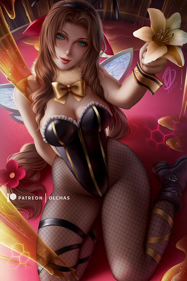 1girls aerith_gainsborough bee_costume bee_girl big_breasts breasts brown_hair cleavage female female_only final_fantasy final_fantasy_vii fishnet_legwear fishnet_pantyhose honeybee_inn_uniform large_breasts leotard lily_(flower) looking_at_viewer olchas solo