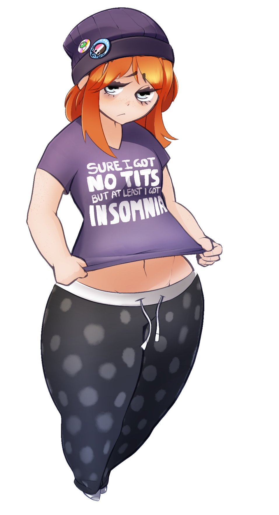 bottom heavy, clothed, clothing, color, female, flat chest, navel, pajamas, red hair, shirt pull, unyin