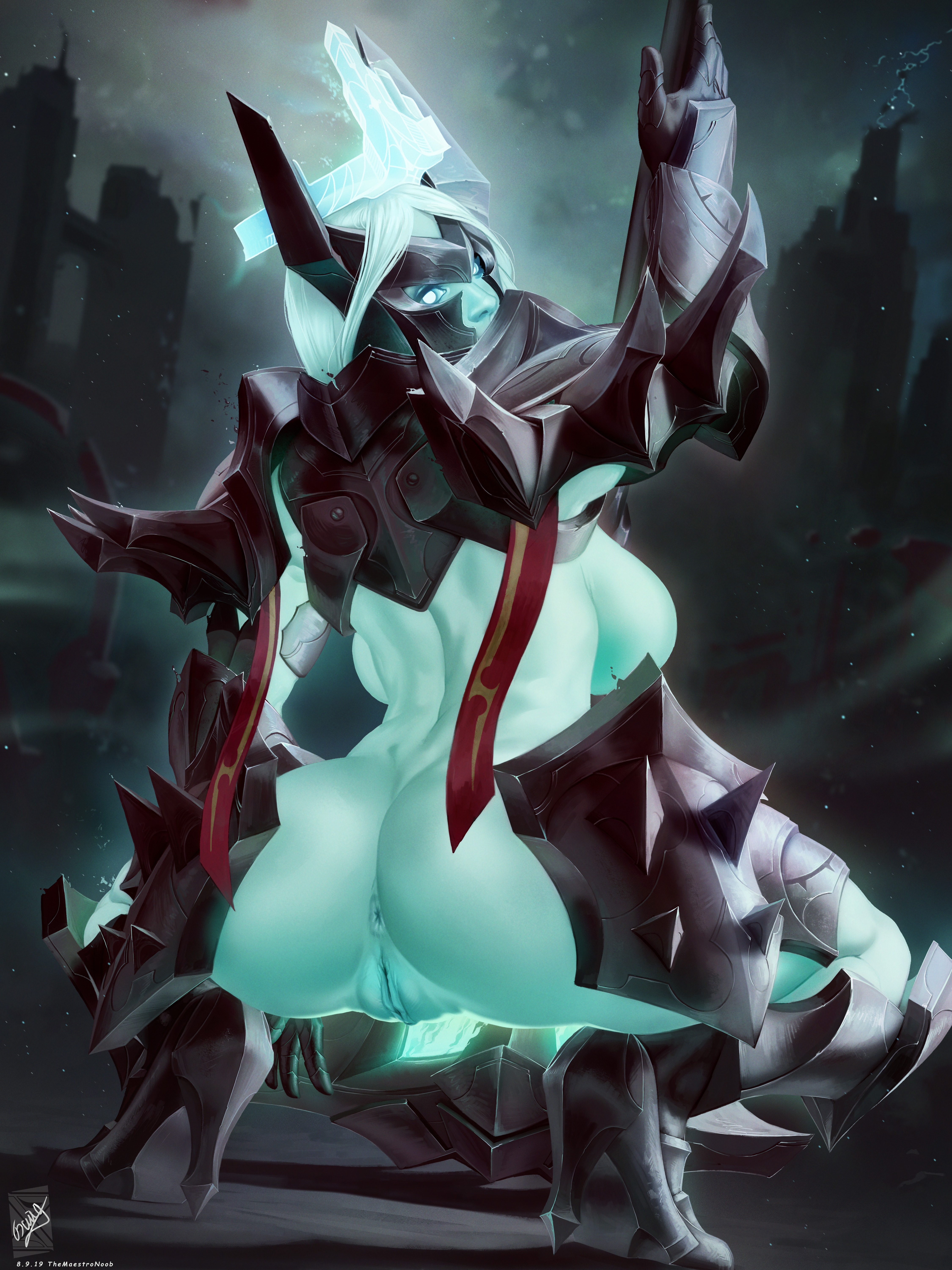 2019, anus, armor, ass, breasts, female, genderswap, genderswap (mtf), league of legends, looking at viewer, looking back, mordekaiser, pussy, riot games, rule 63, solo, source request, themaestronoob