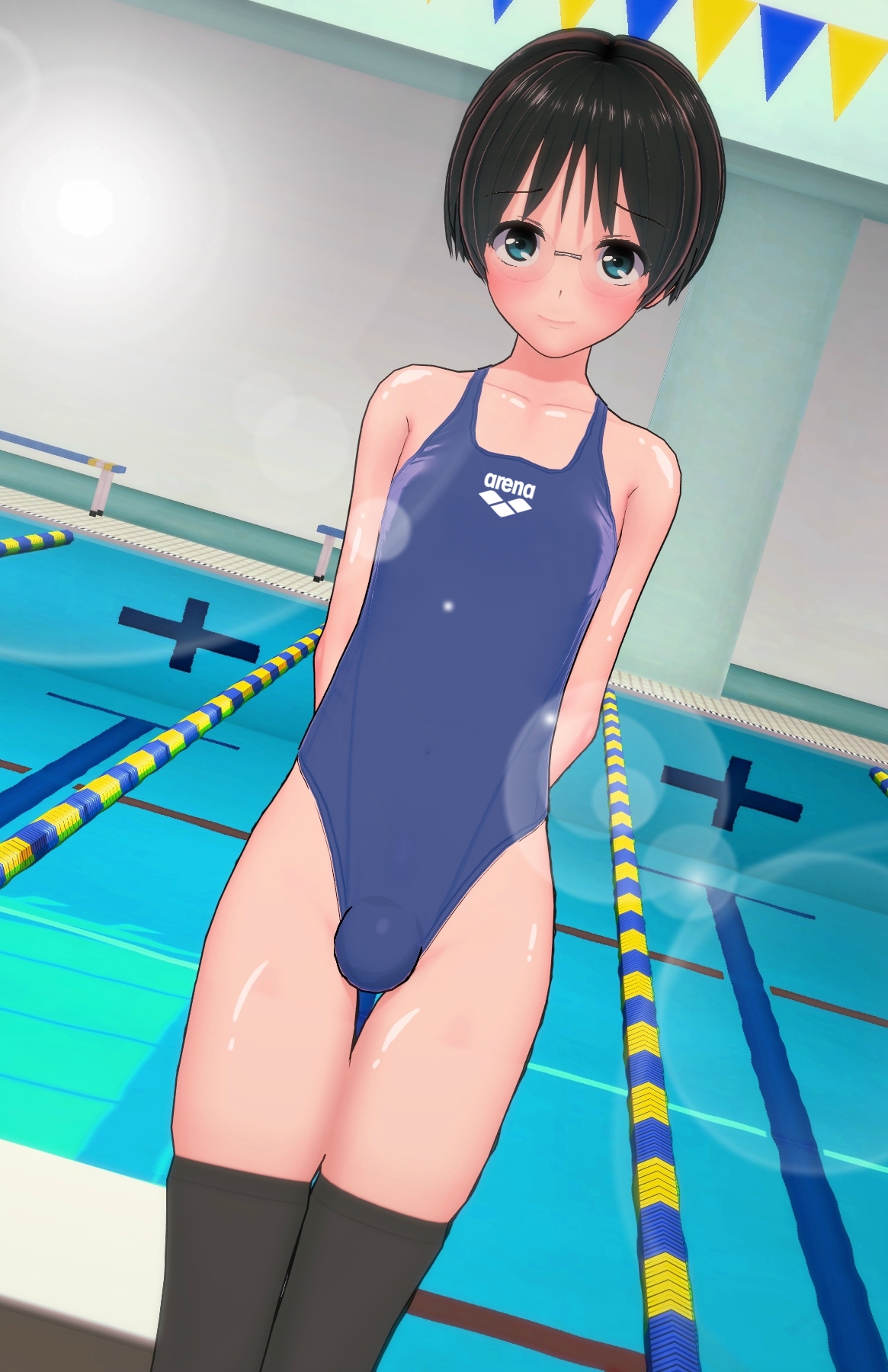 1boy, bulge, crossdressing, femboy, fut, koikatsu, male, one-piece swimsuit, solo, swimming pool, swimsuit, thighhighs, trap