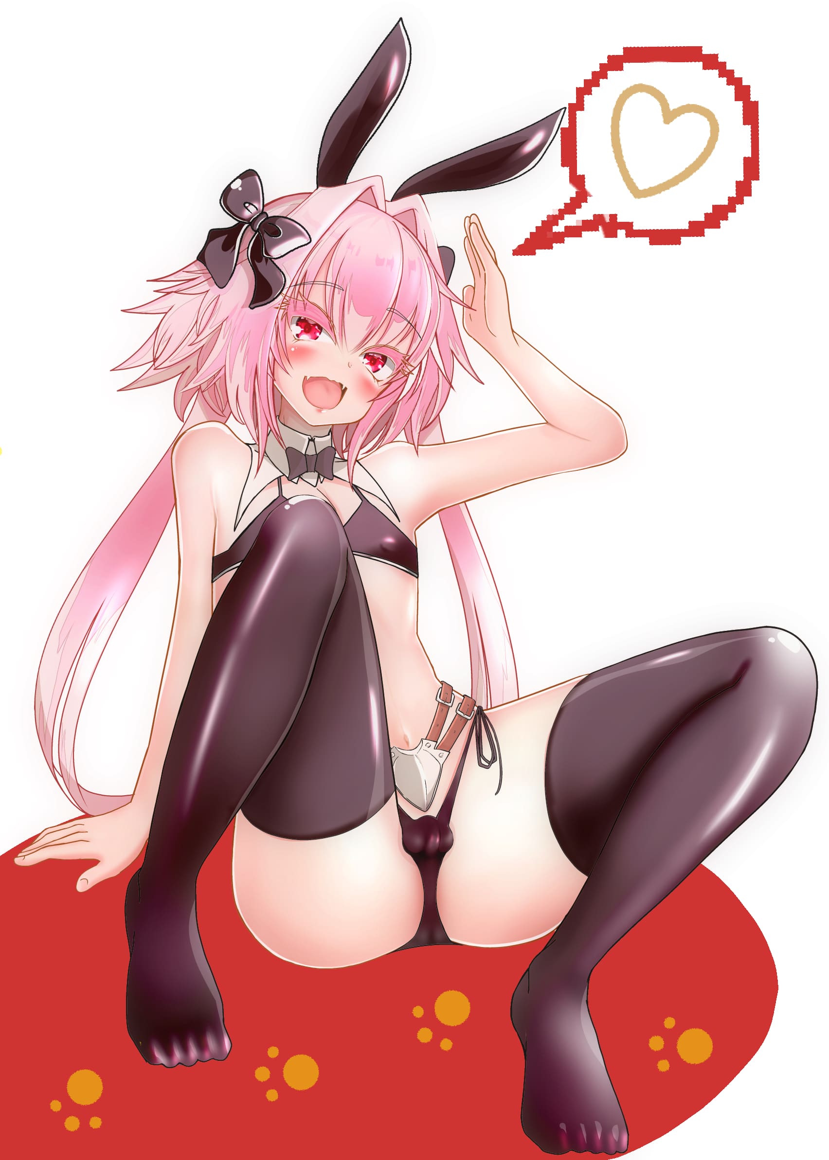 1boy, 1sib, 2020, absurd res, animal ears, arm up, armpits, astolfo (fate), belt, black panties, black thong, blush, bow, bra, bulge, bunny ears, eyebrows visible through hair, fake animal ears, fangs, fate (series), fate/grand order, feet, femboy, hair ribbon, heart, highres, long hair, looking at viewer, male, male only, neckerchief, nipple bulge, open mouth, penis, pink hair, red eyes, ribbon, simple background, small penis, smile, solo, speech bubble, spoken heart, spread legs, thick thighs, thighhighs, thighs, thong, tongue, trap, underwear, white background